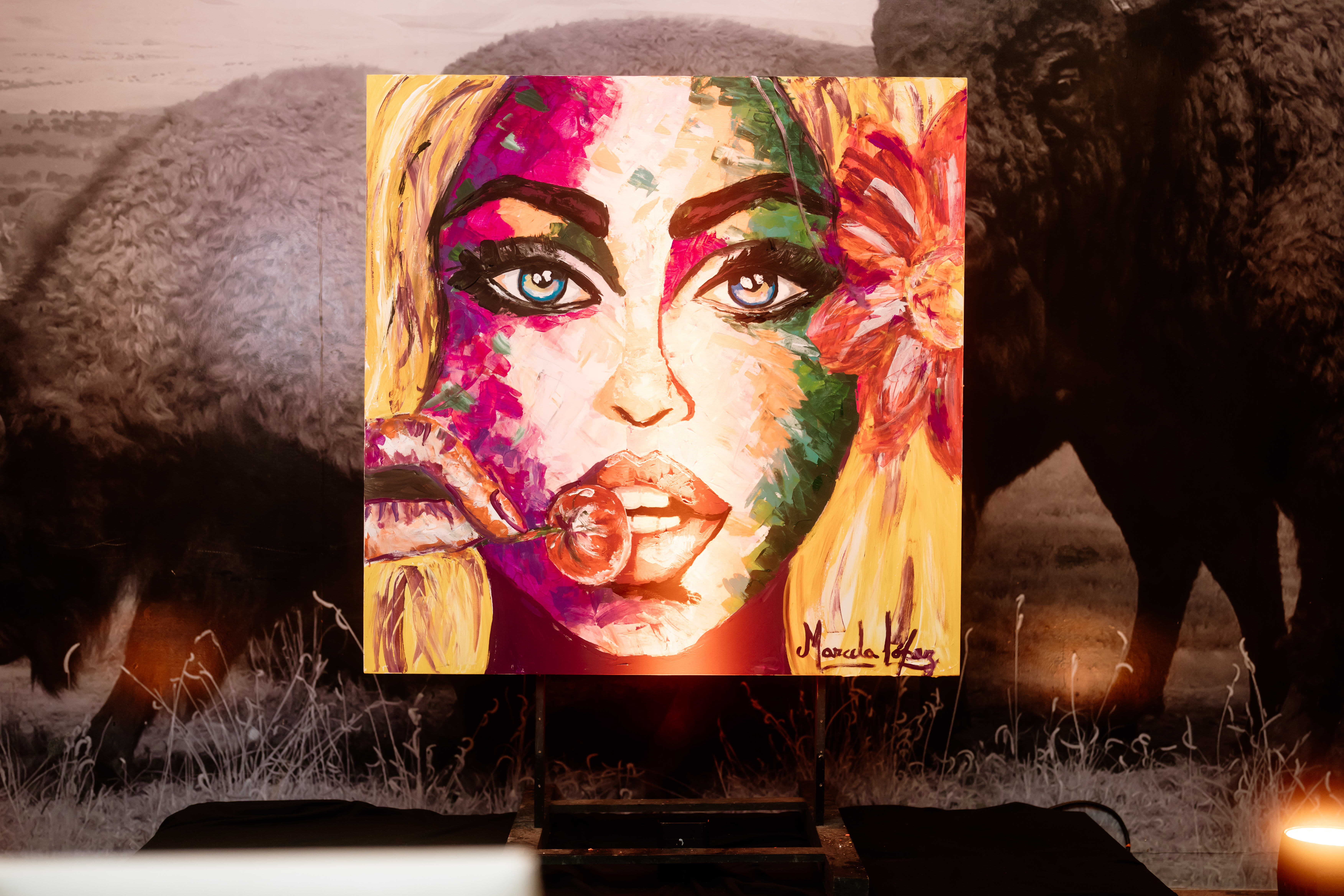 a painting of a woman with a flower on a stick