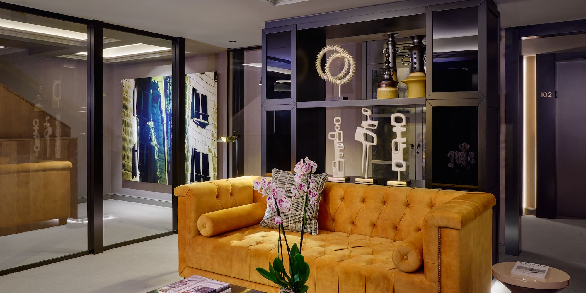 a living room with a couch and a coffee table