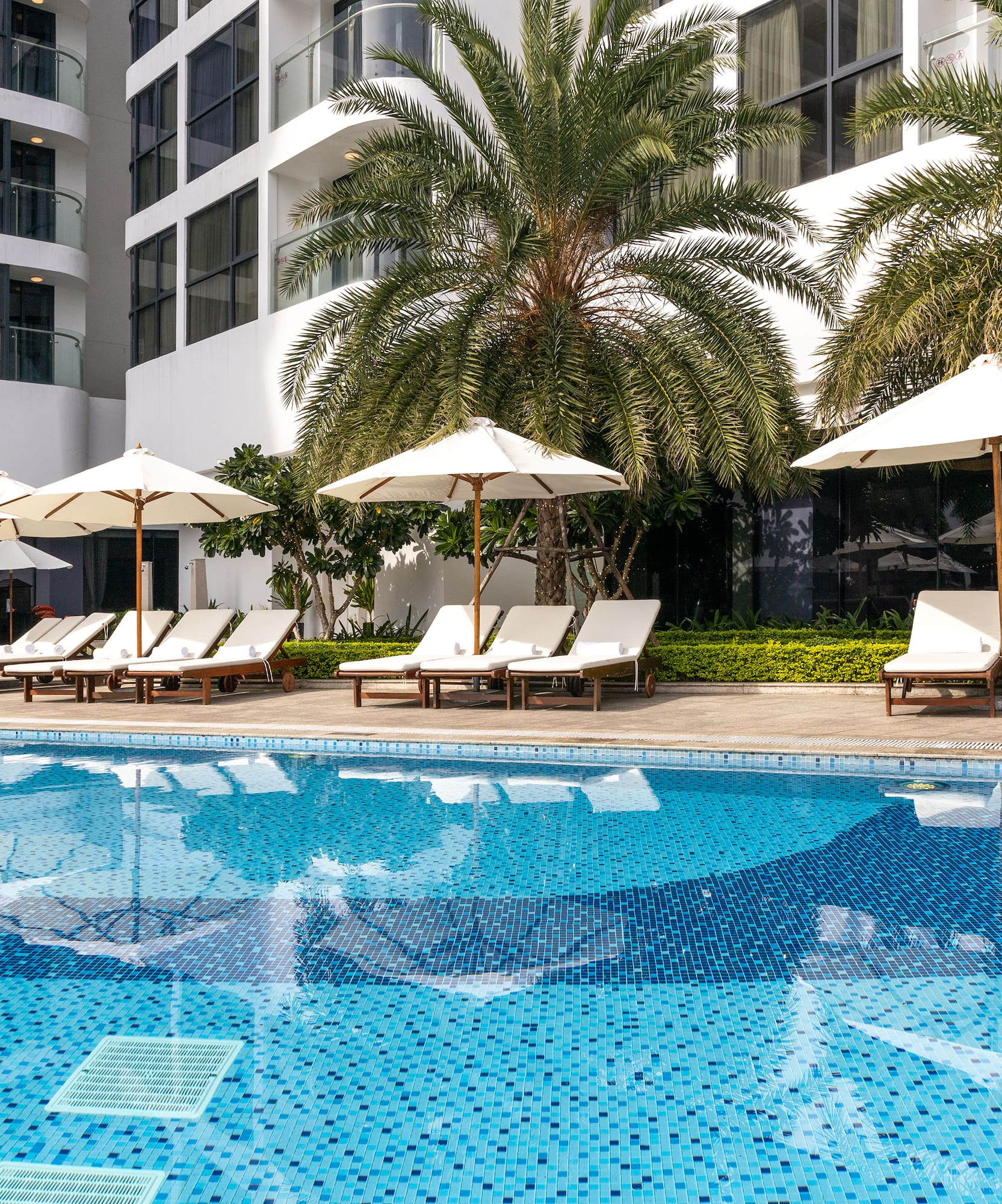 a pool with umbrellas and lounge chairs