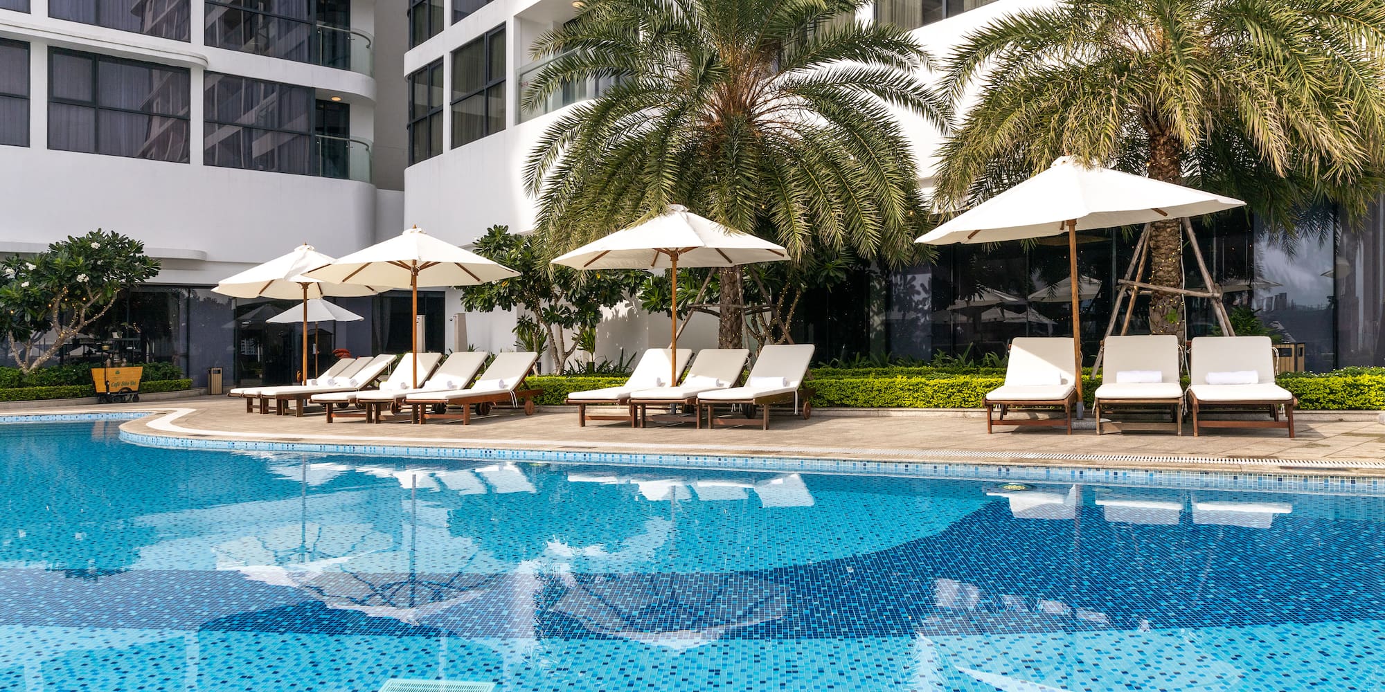 a pool with umbrellas and lounge chairs