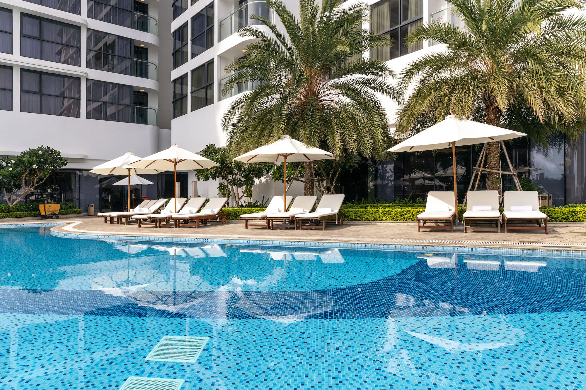 a pool with umbrellas and lounge chairs