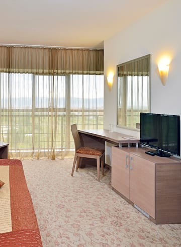 a room with a bed and a television