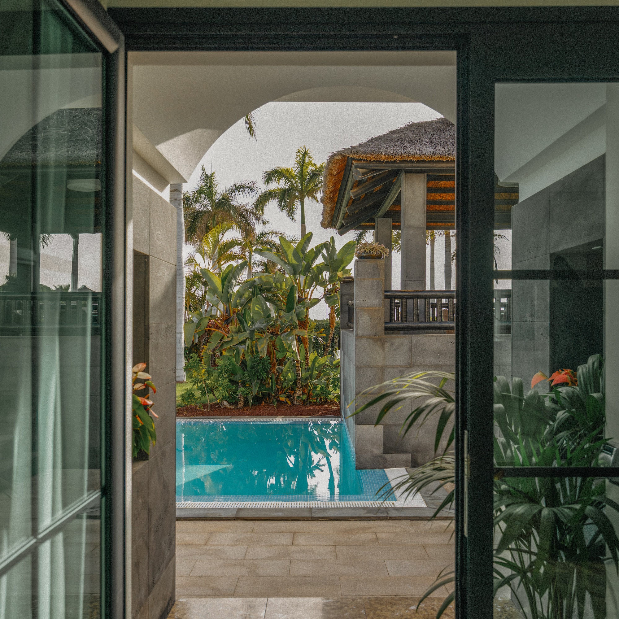 Tropical villa with pool, palm trees, thatched roof, through open doors.