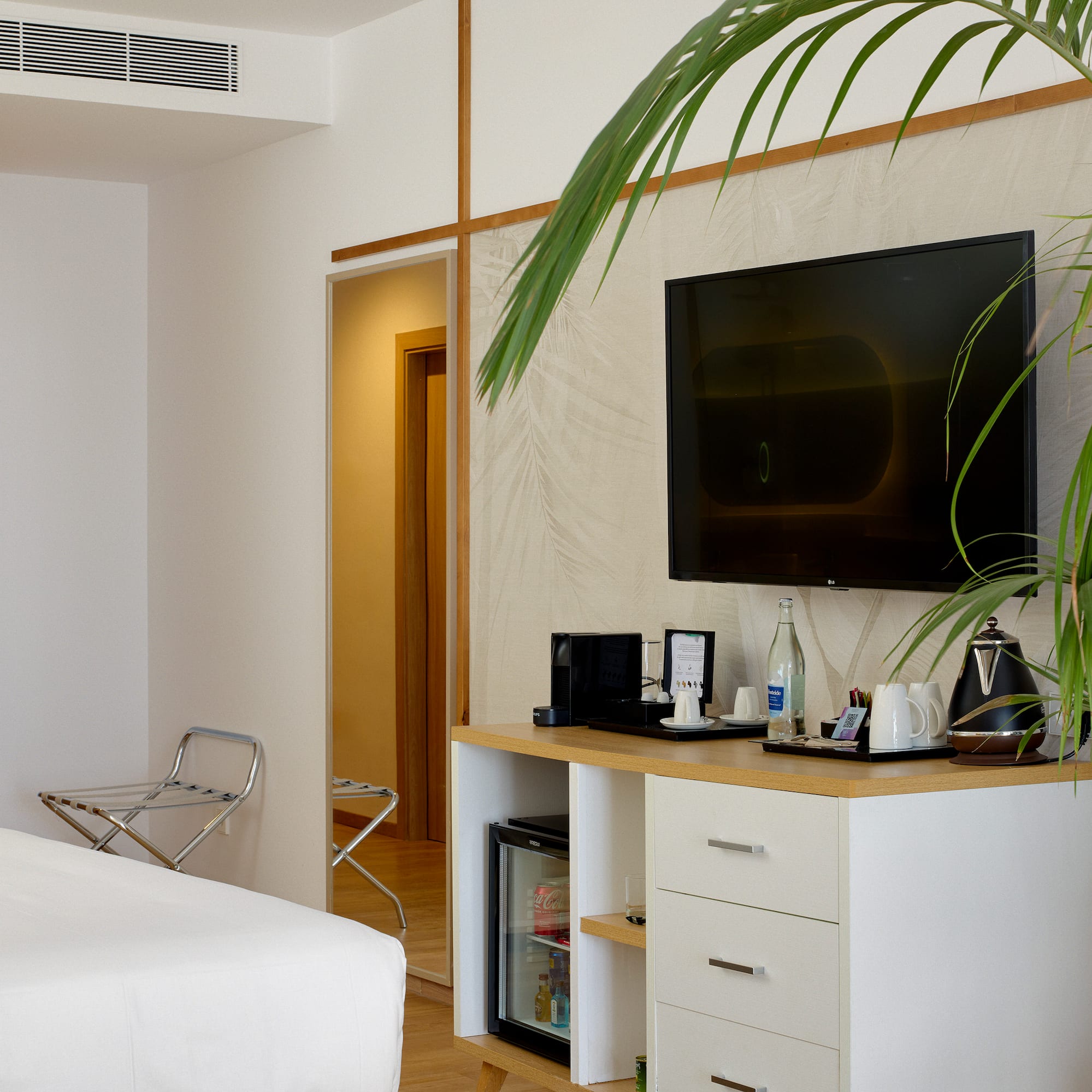 a room with a tv and a plant