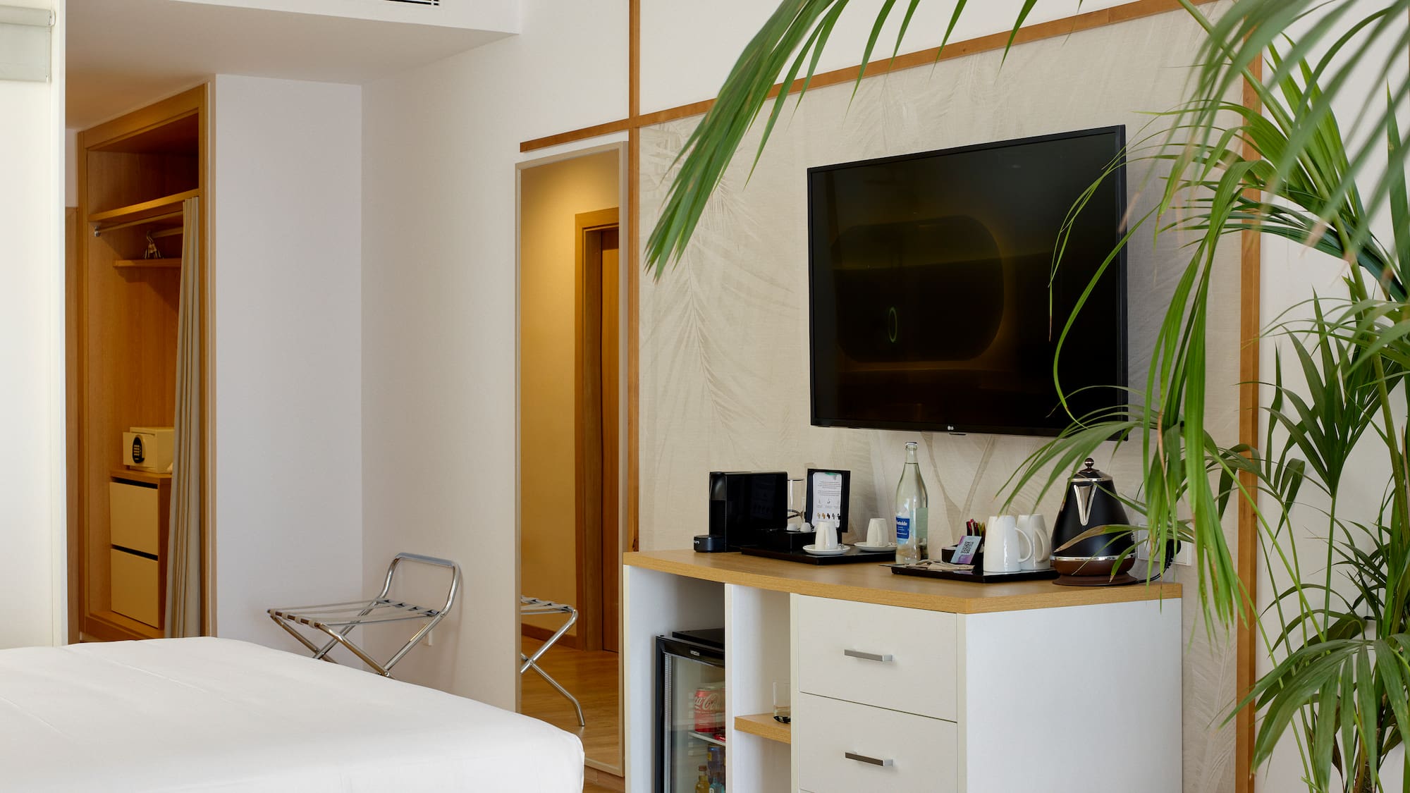 a room with a tv and a plant