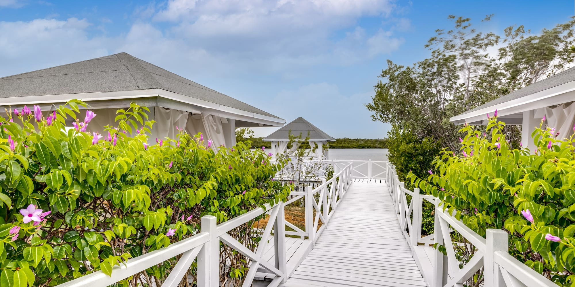 a white wooden walkway with a white railing and a white fence