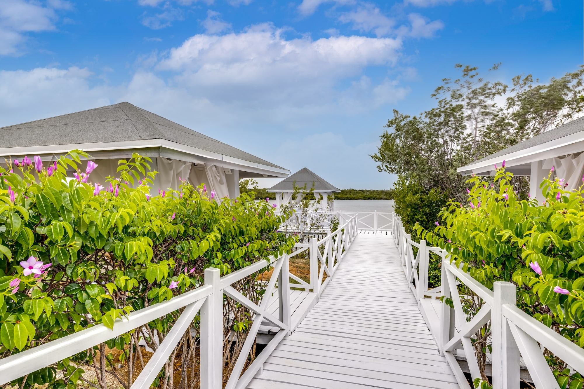 a white wooden walkway with a white railing and a white fence