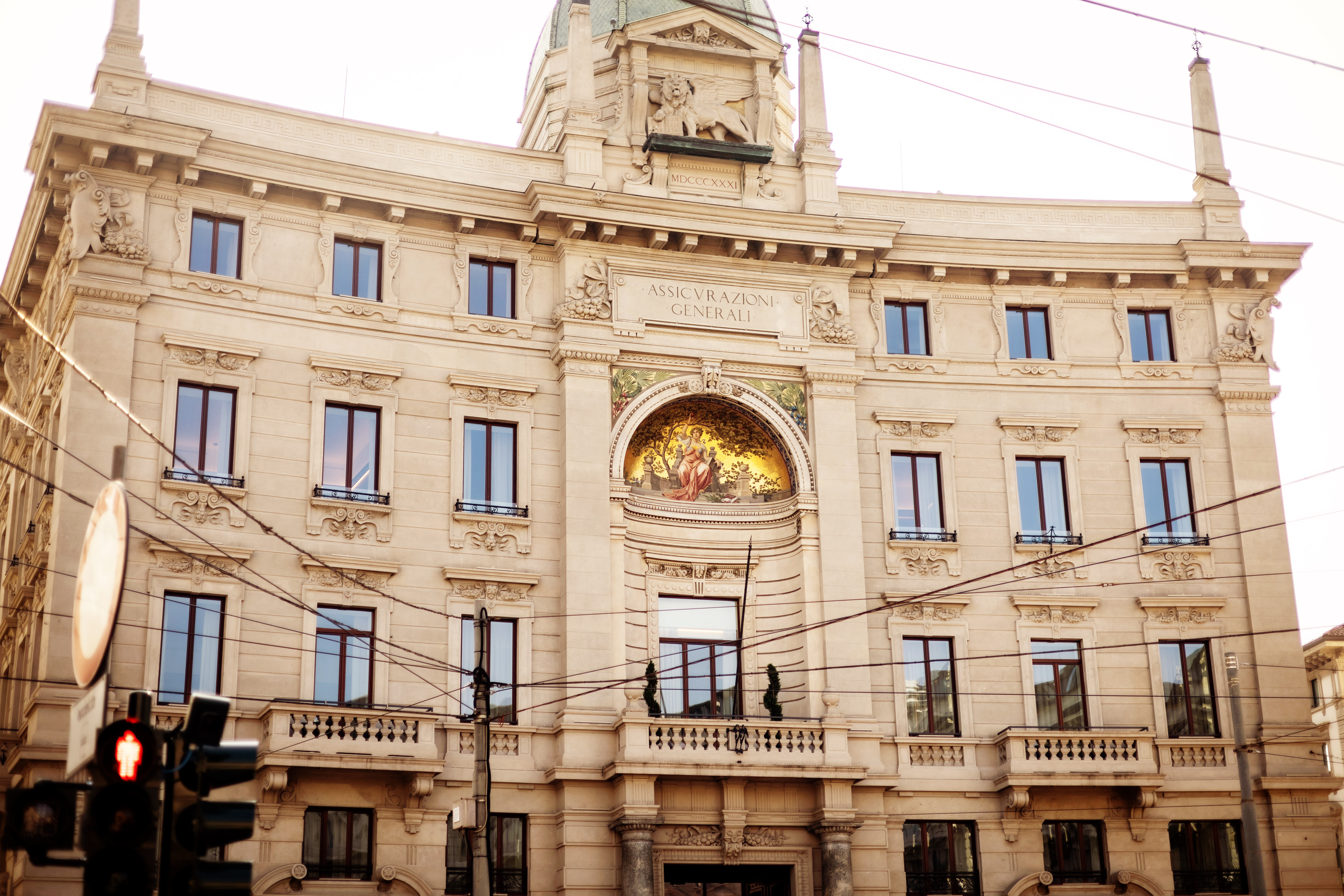 Assicurazioni Generali building, Milan: ornate facade, mosaic, winged lion.