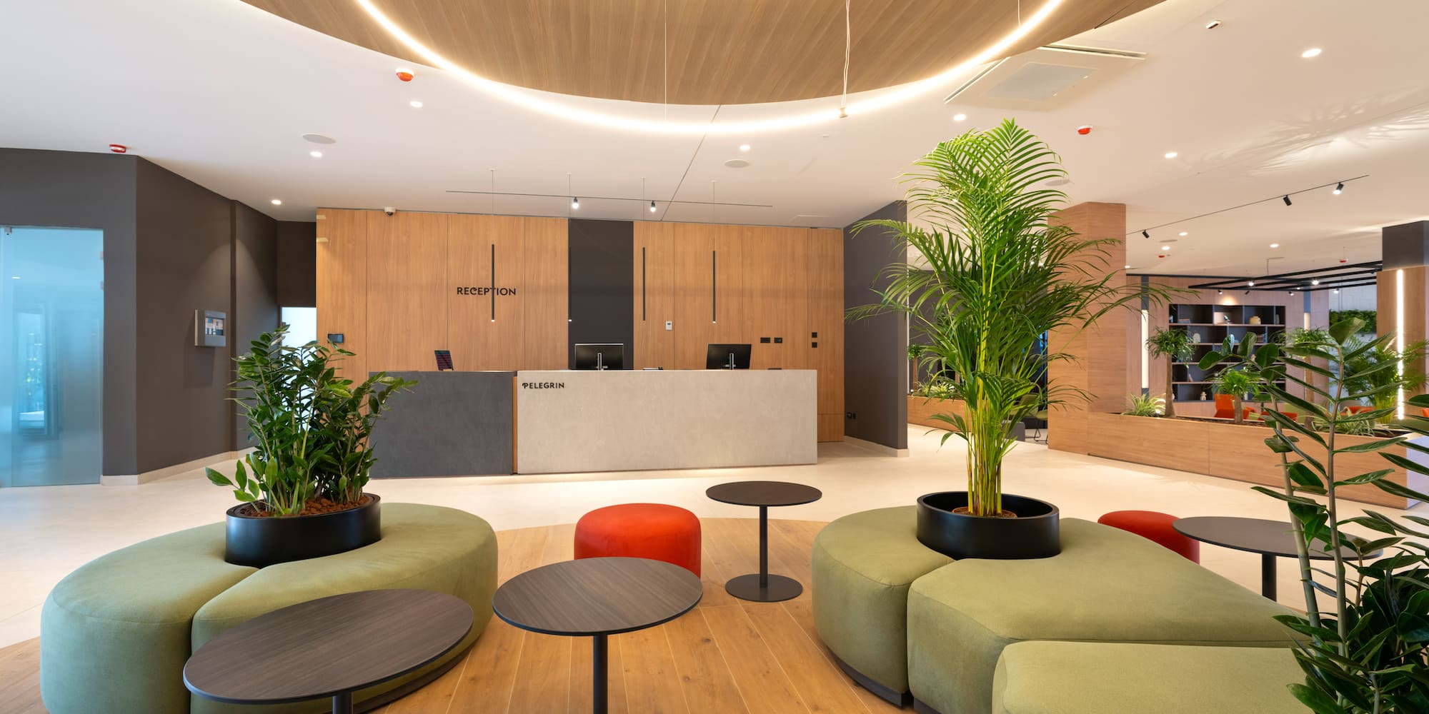 a lobby with a reception desk and a palm tree