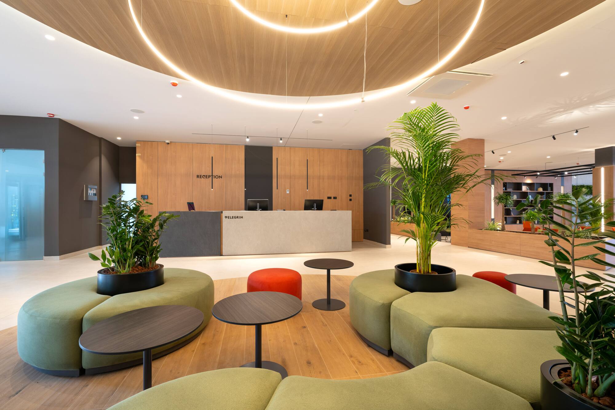 a lobby with a reception desk and a palm tree