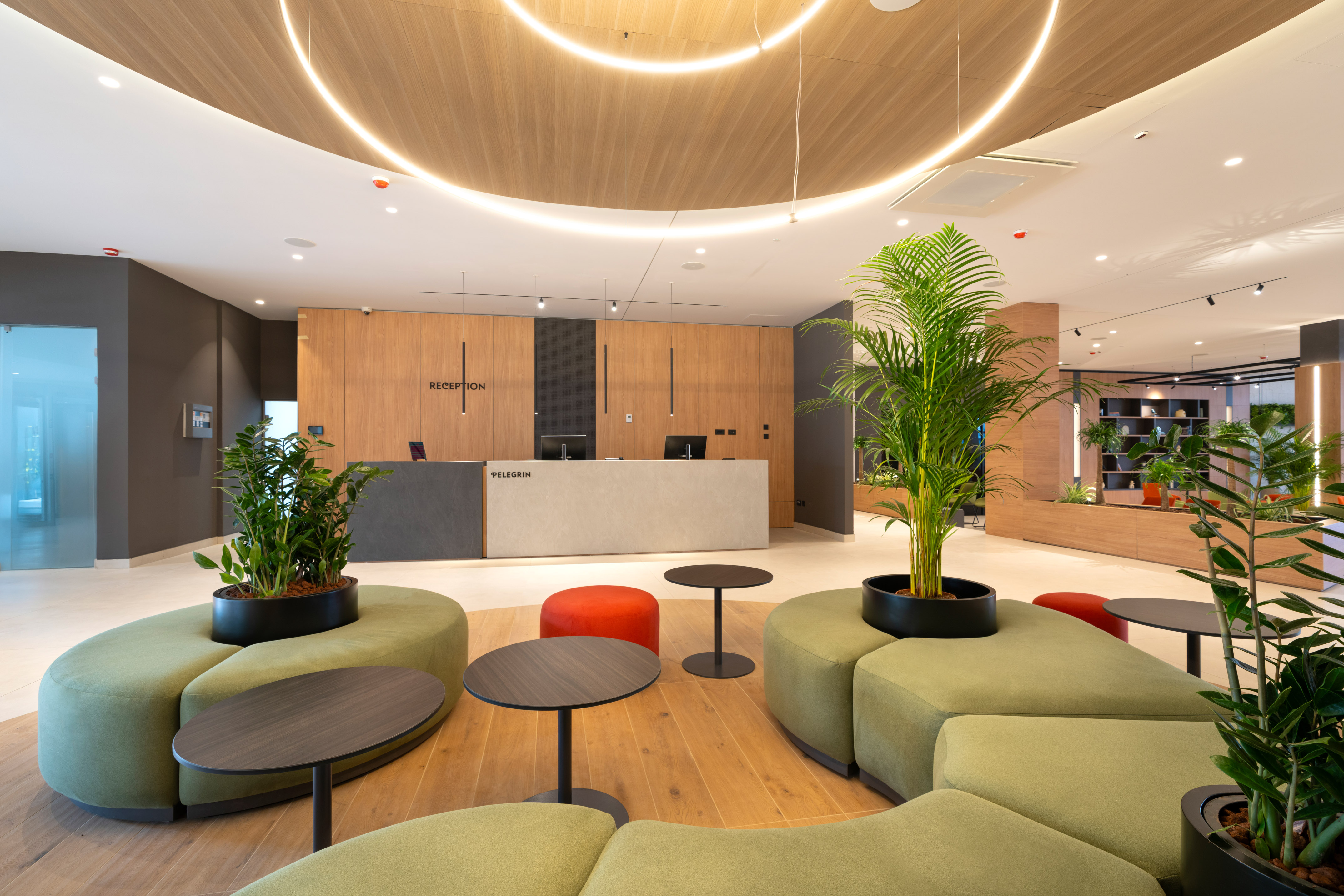 a lobby with a reception desk and a palm tree