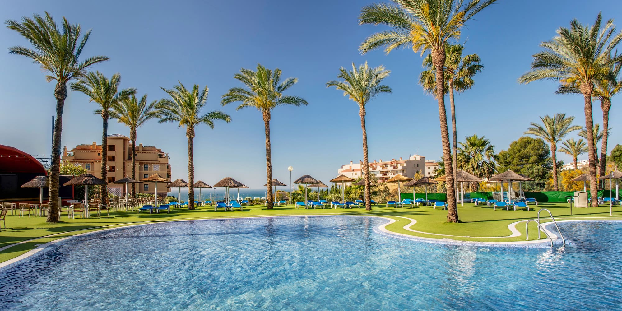 Mediterranean resort pool with palm trees, sun loungers, and blue sky.