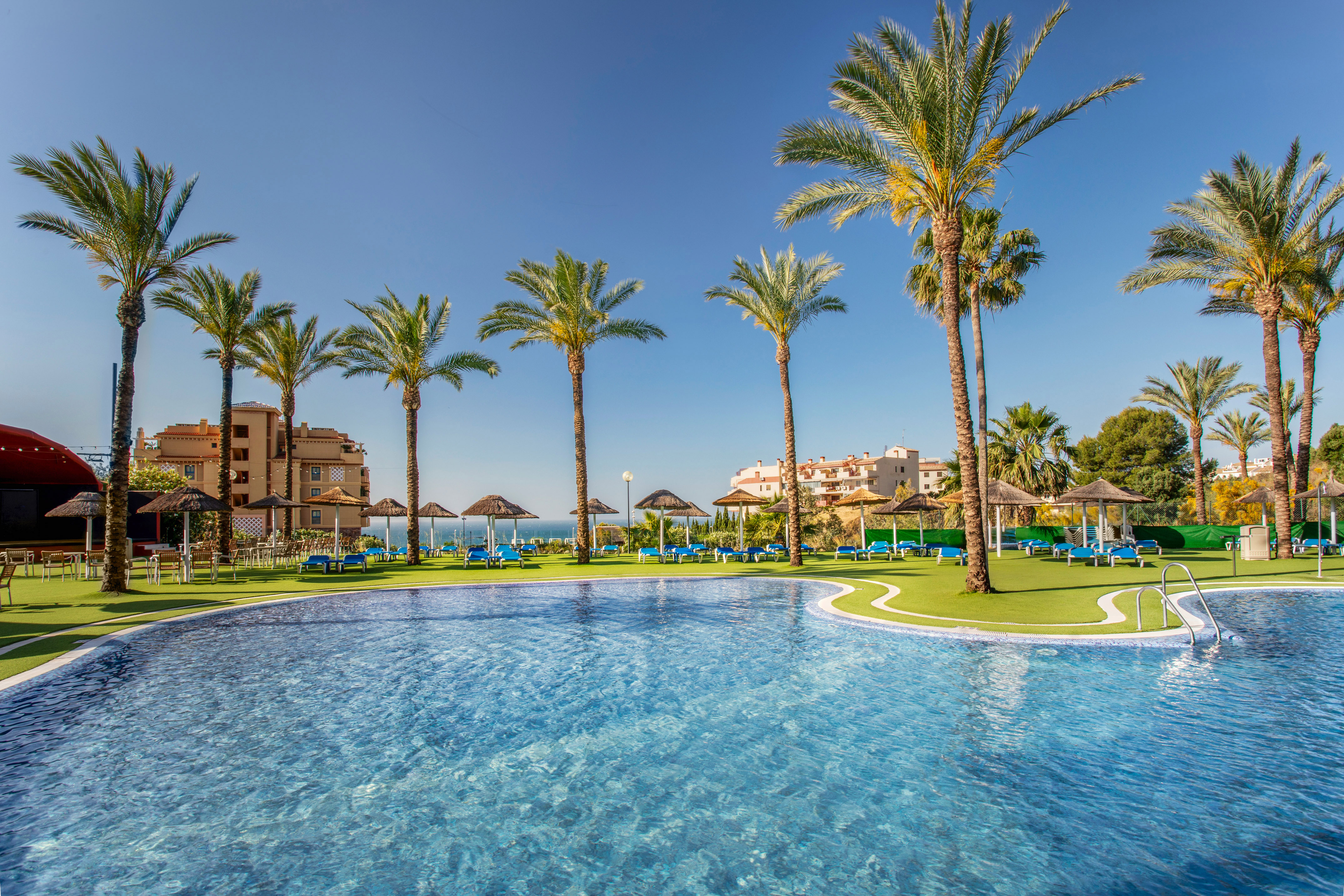 Mediterranean resort pool with palm trees, sun loungers, and blue sky.