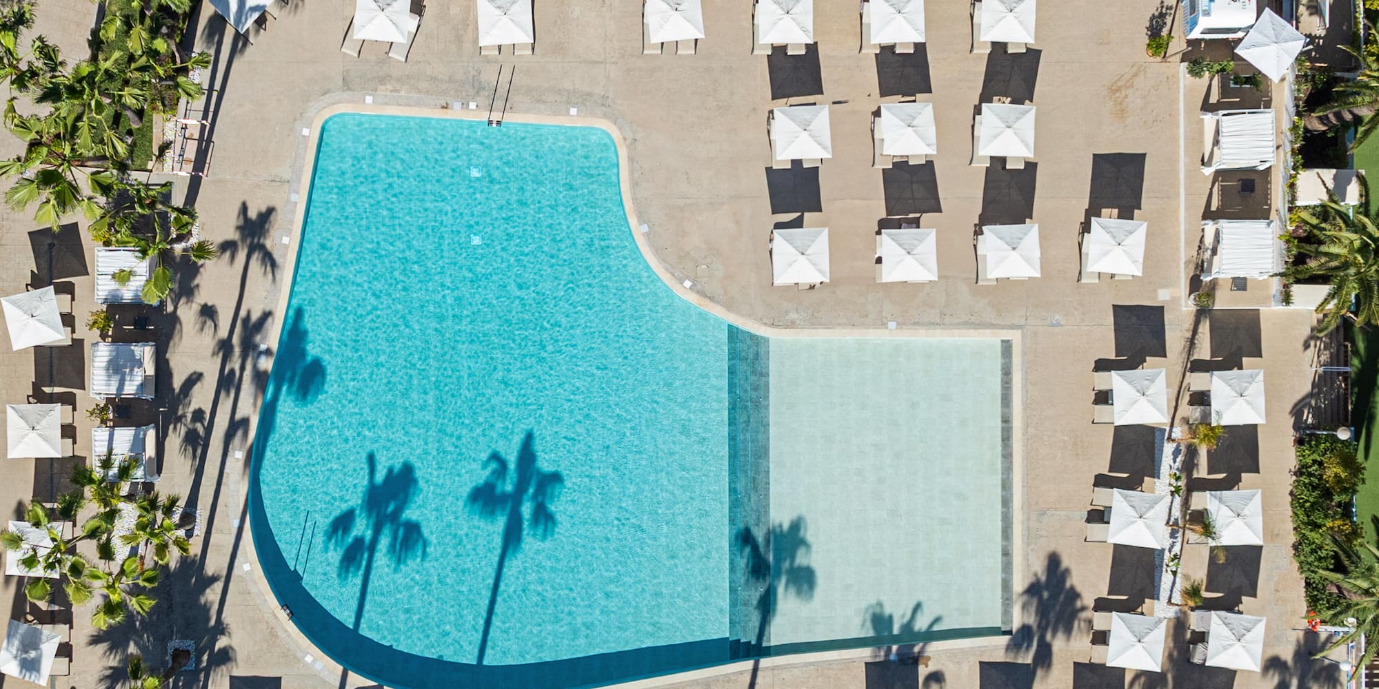 an aerial view of a pool with umbrellas and palm trees
