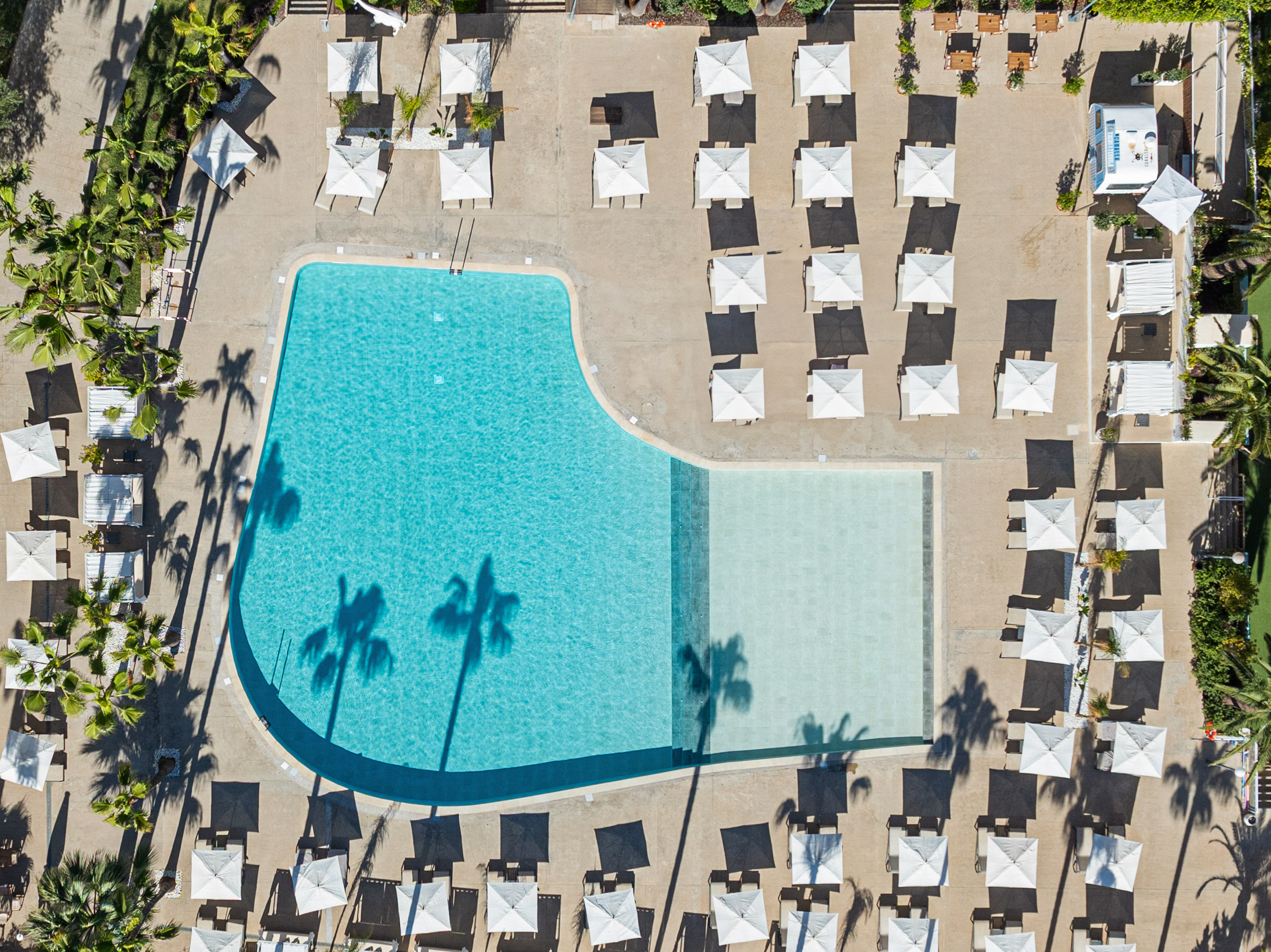 Overhead resort pool with bright blue water, white umbrellas, and palm shadows.