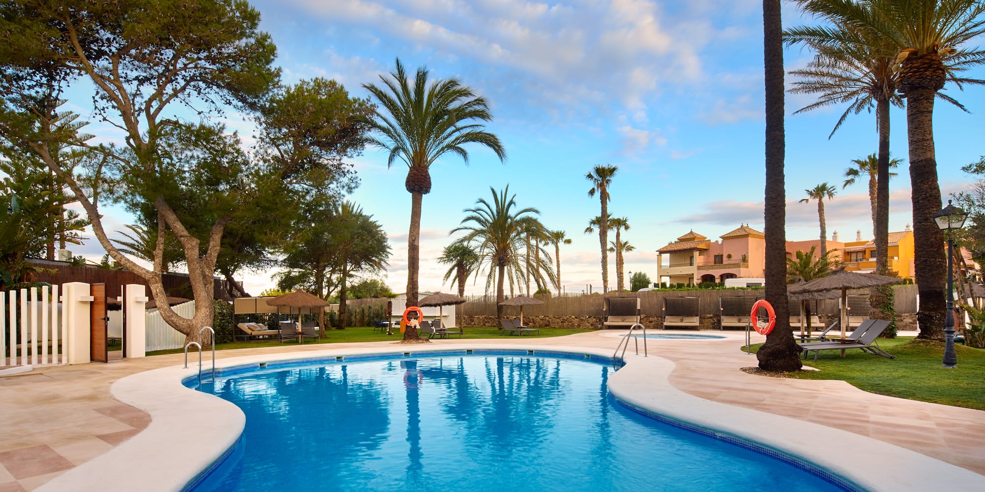 a pool with palm trees and a house