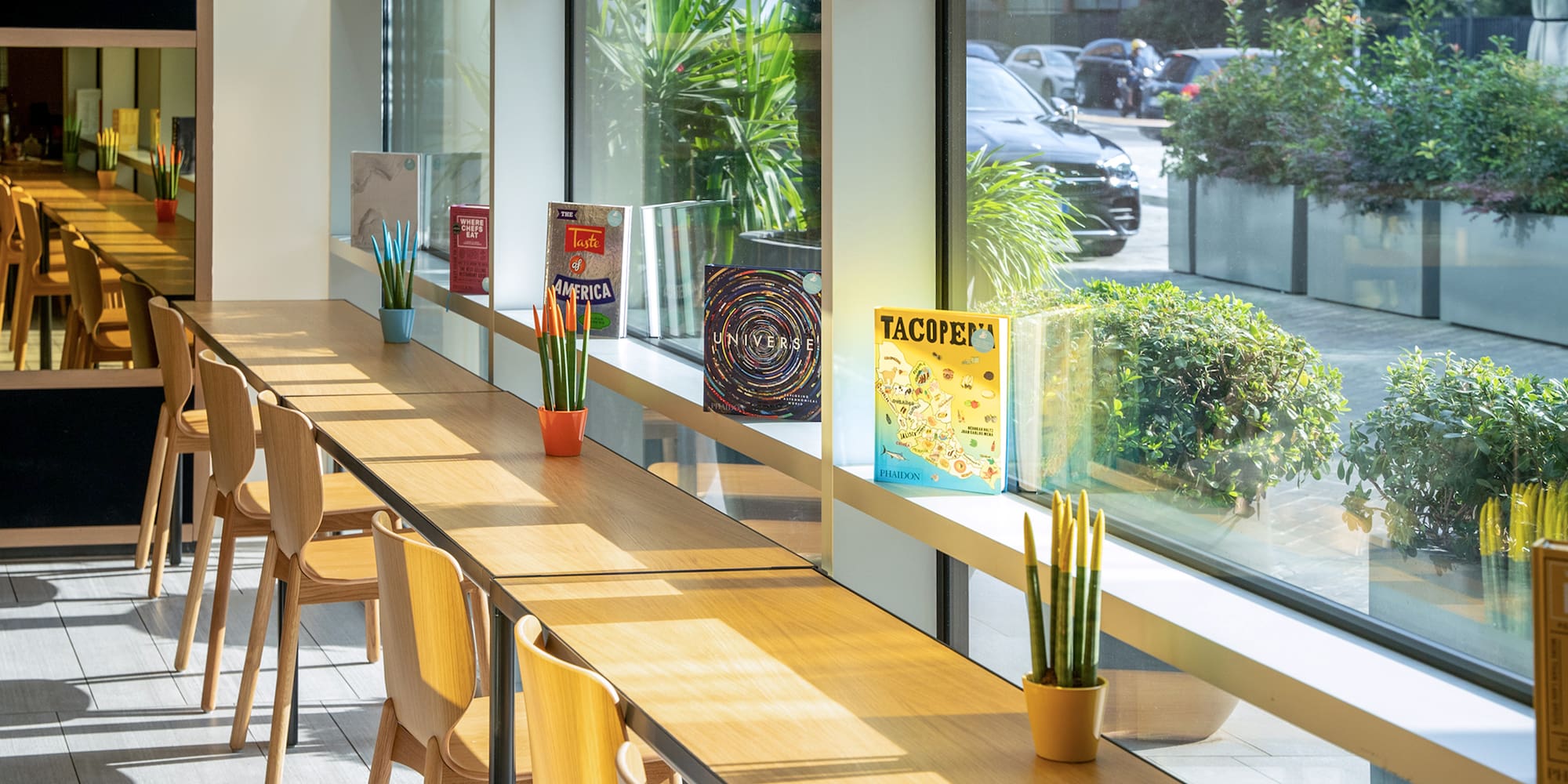 a long table with chairs and a window