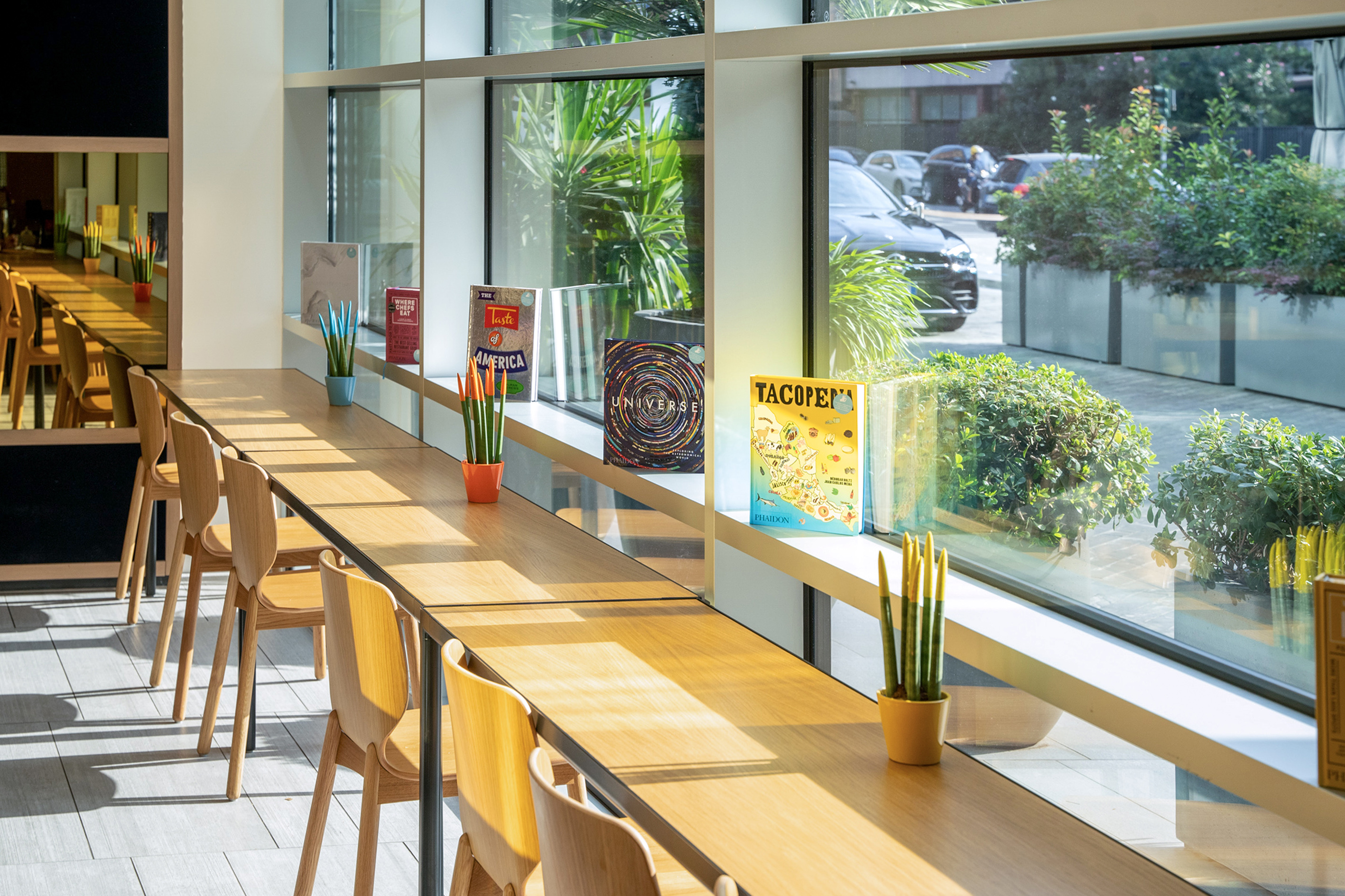 Modern cafe window seating with wooden counter, chairs, books, and plants.