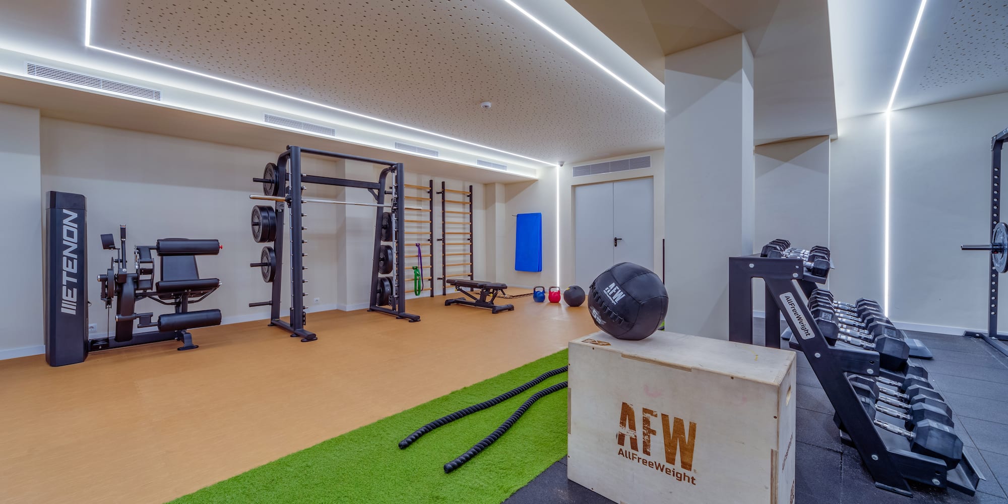 a room with a box of exercise equipment