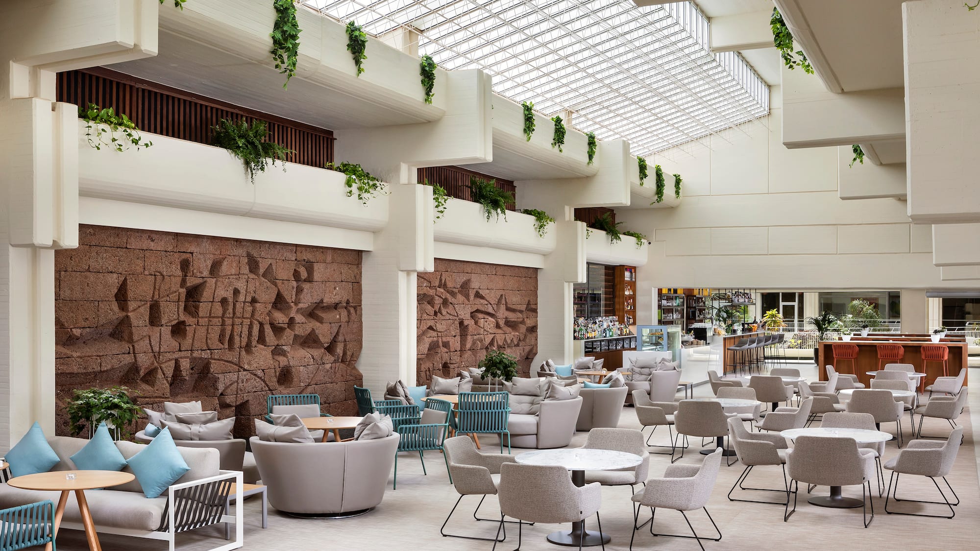 a large room with tables and chairs