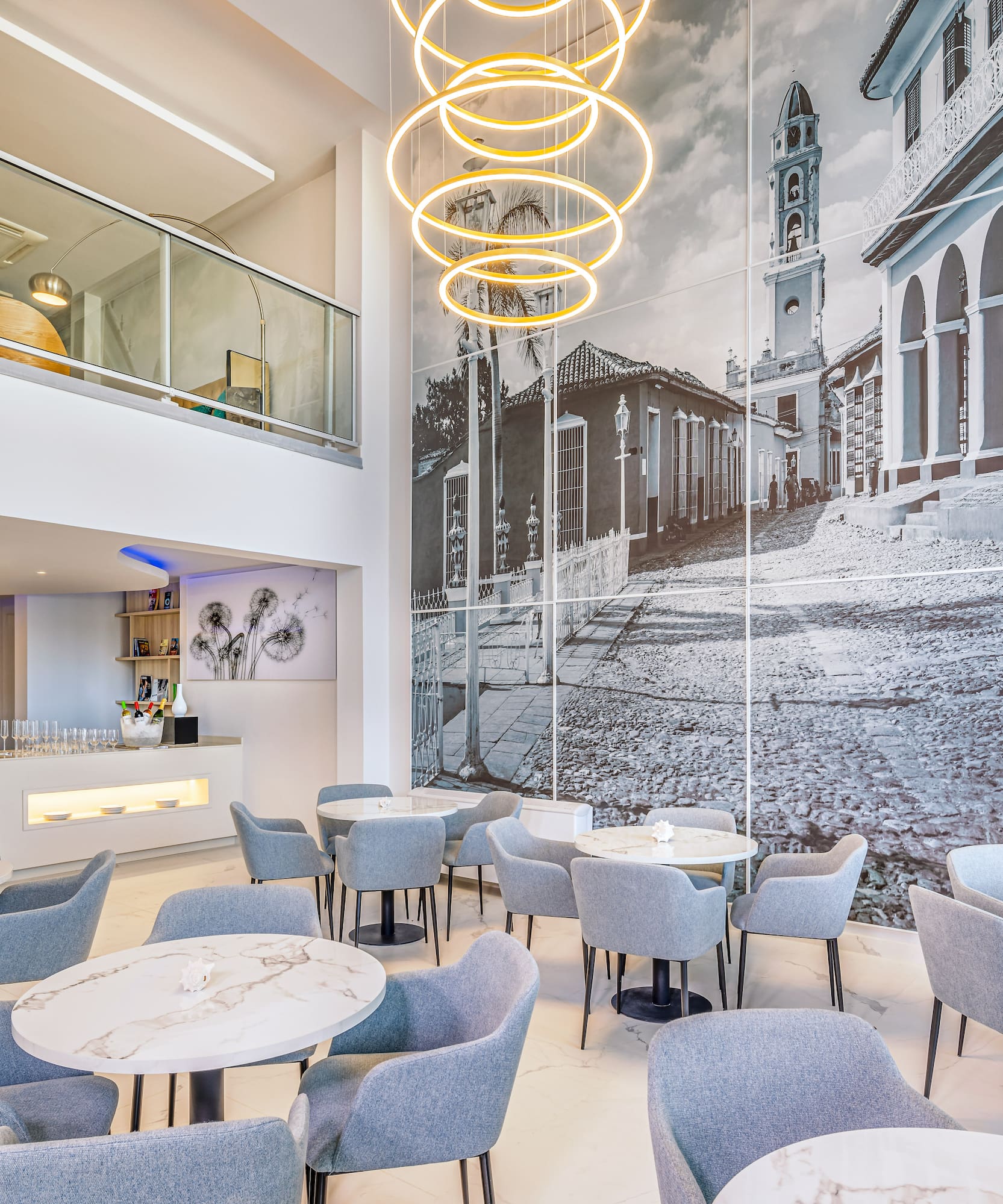 a room with tables and chairs