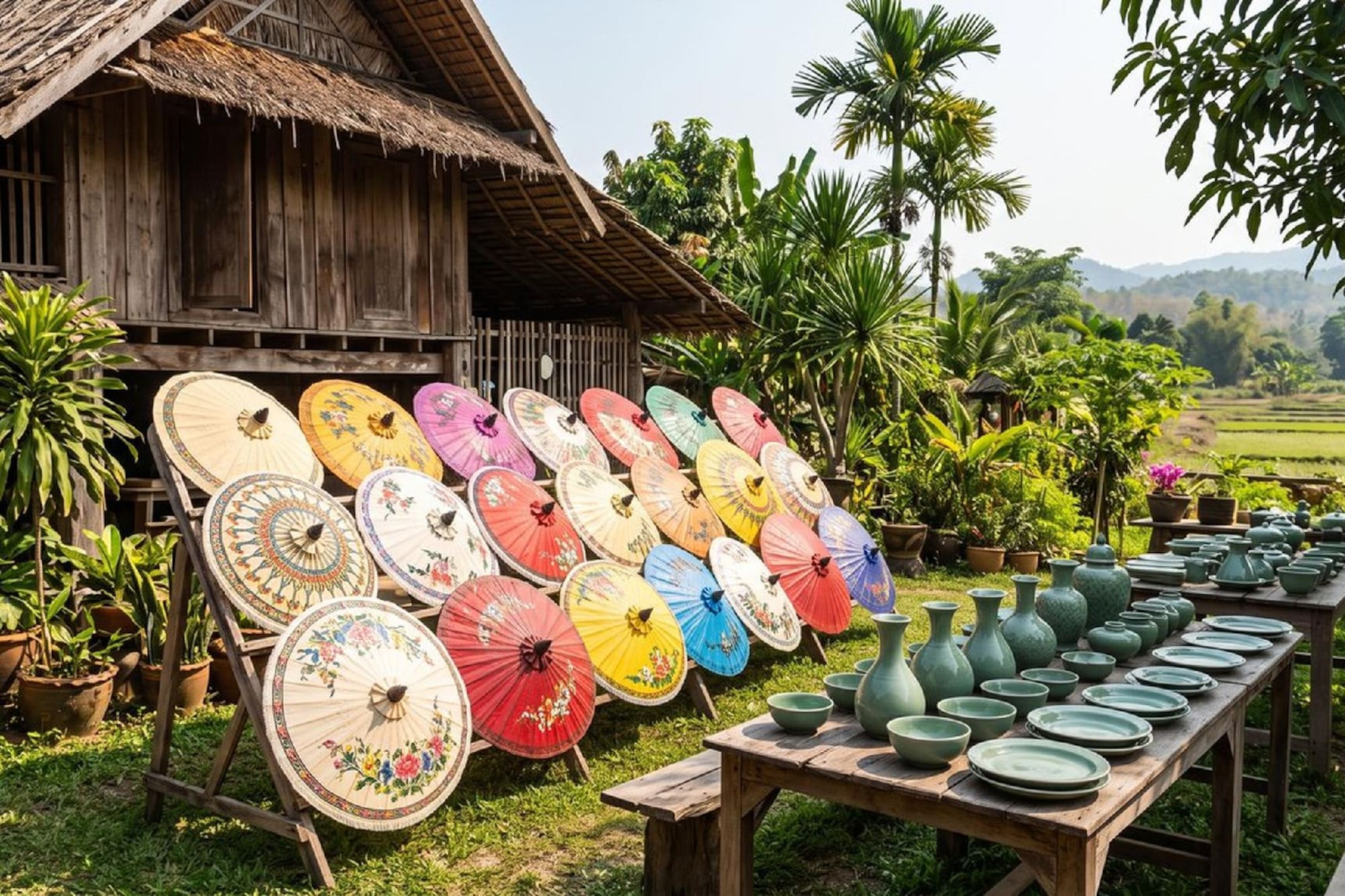 Thai artisan market with colorful umbrellas and green pottery.
