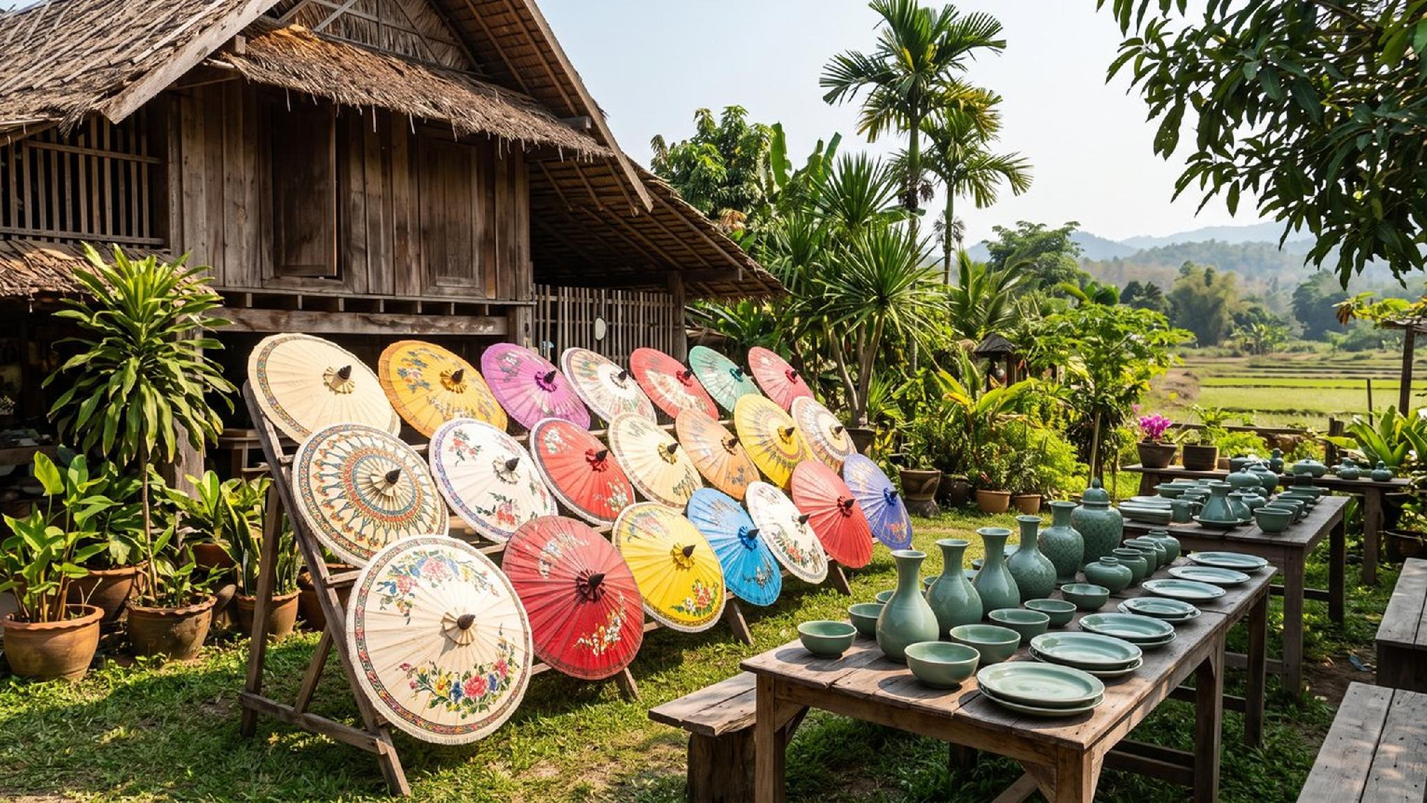 Thai artisan market with colorful umbrellas and green pottery.