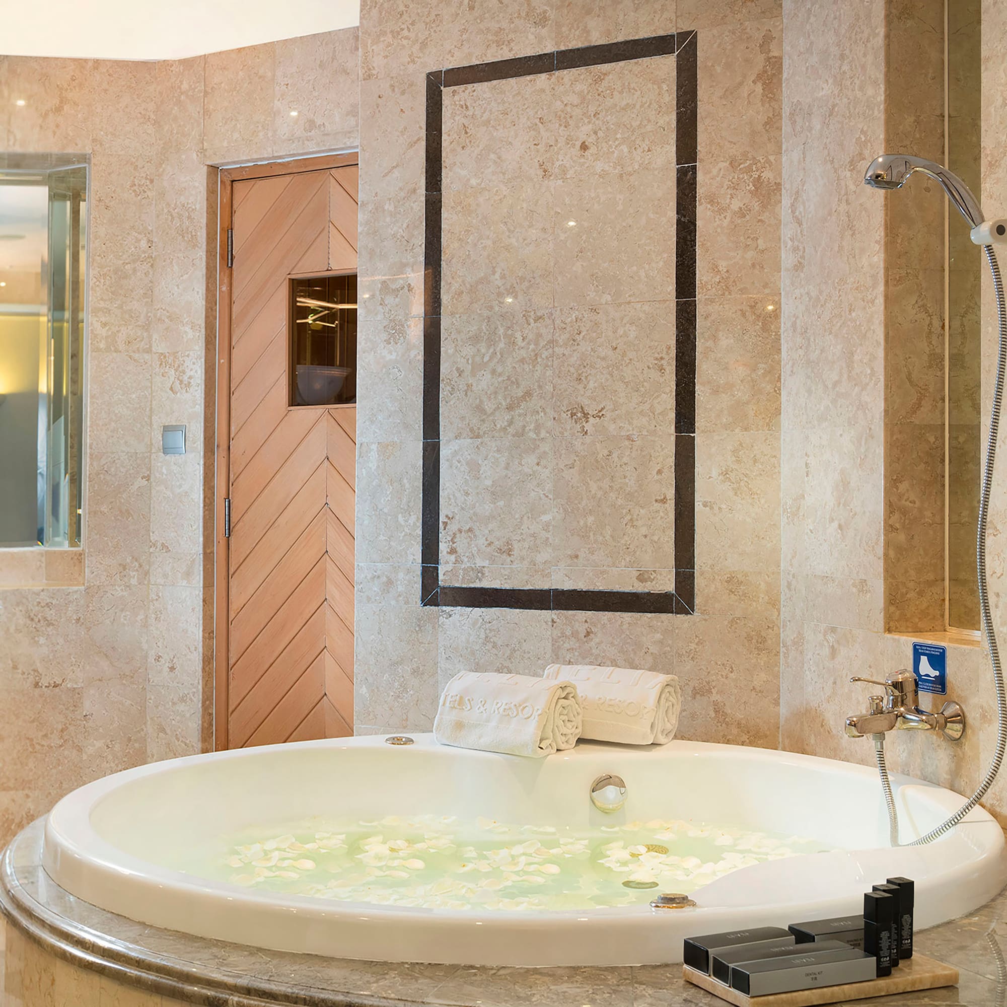 a large bathtub in a bathroom