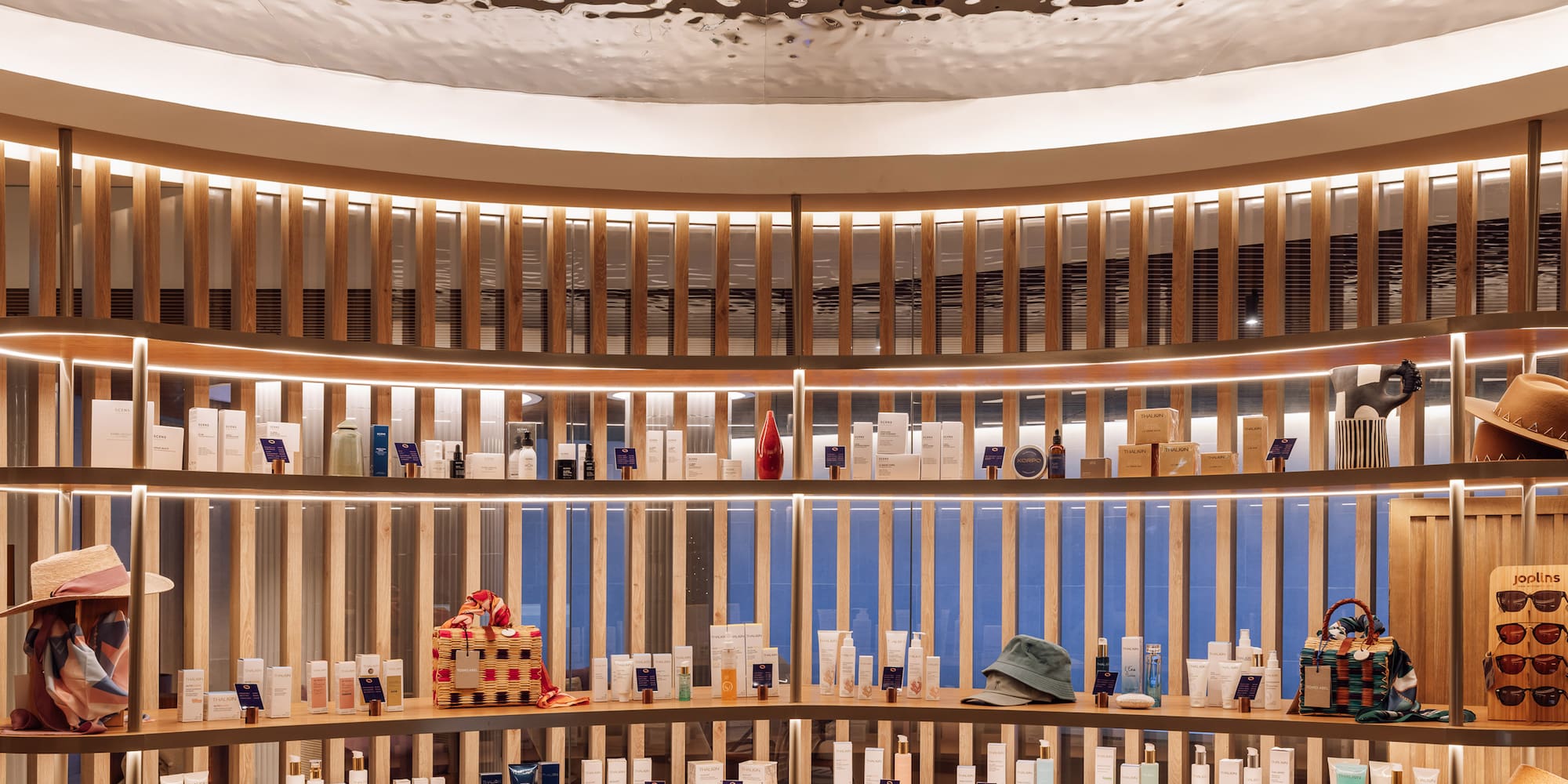 a display of cosmetics on shelves