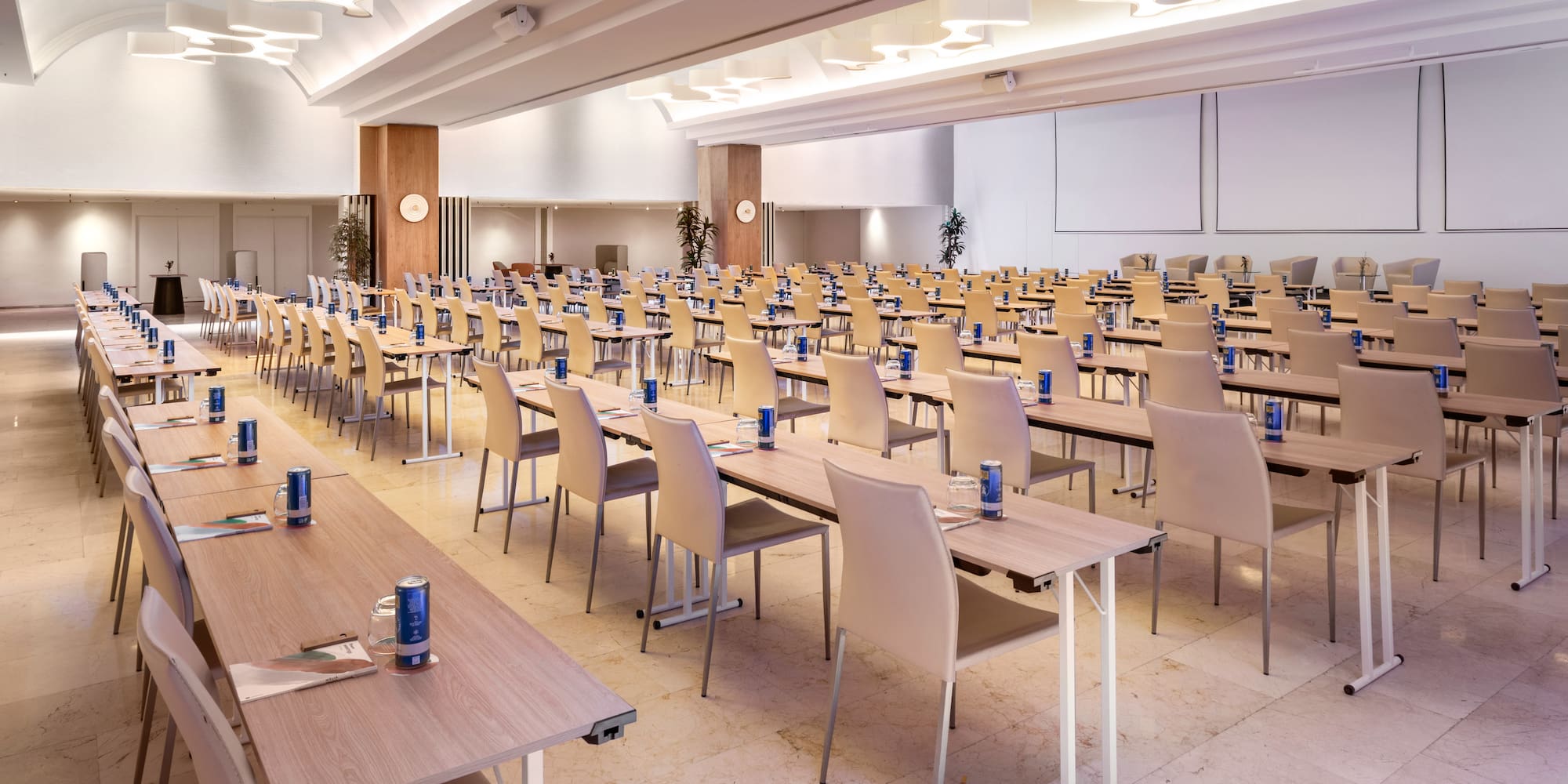 a large room with tables and chairs