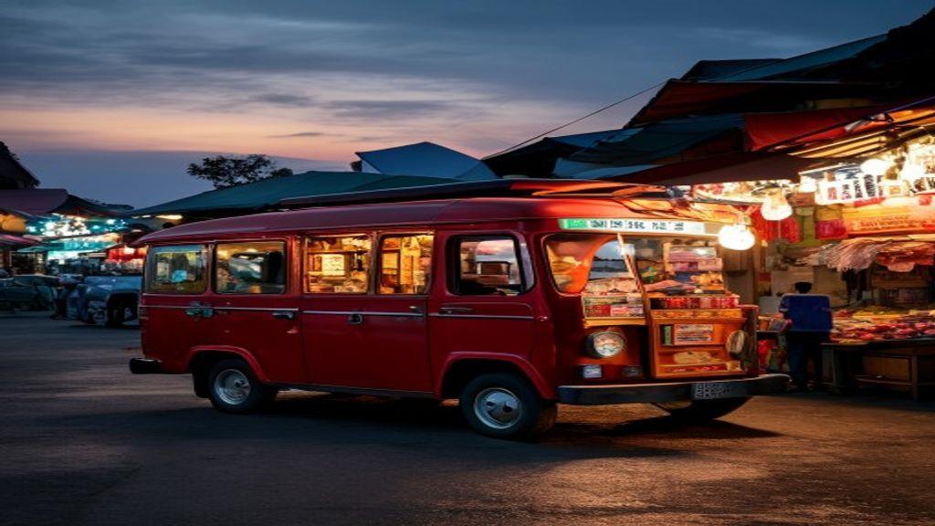Red food truck brightly lit at a bustling night market under a twilight sky.