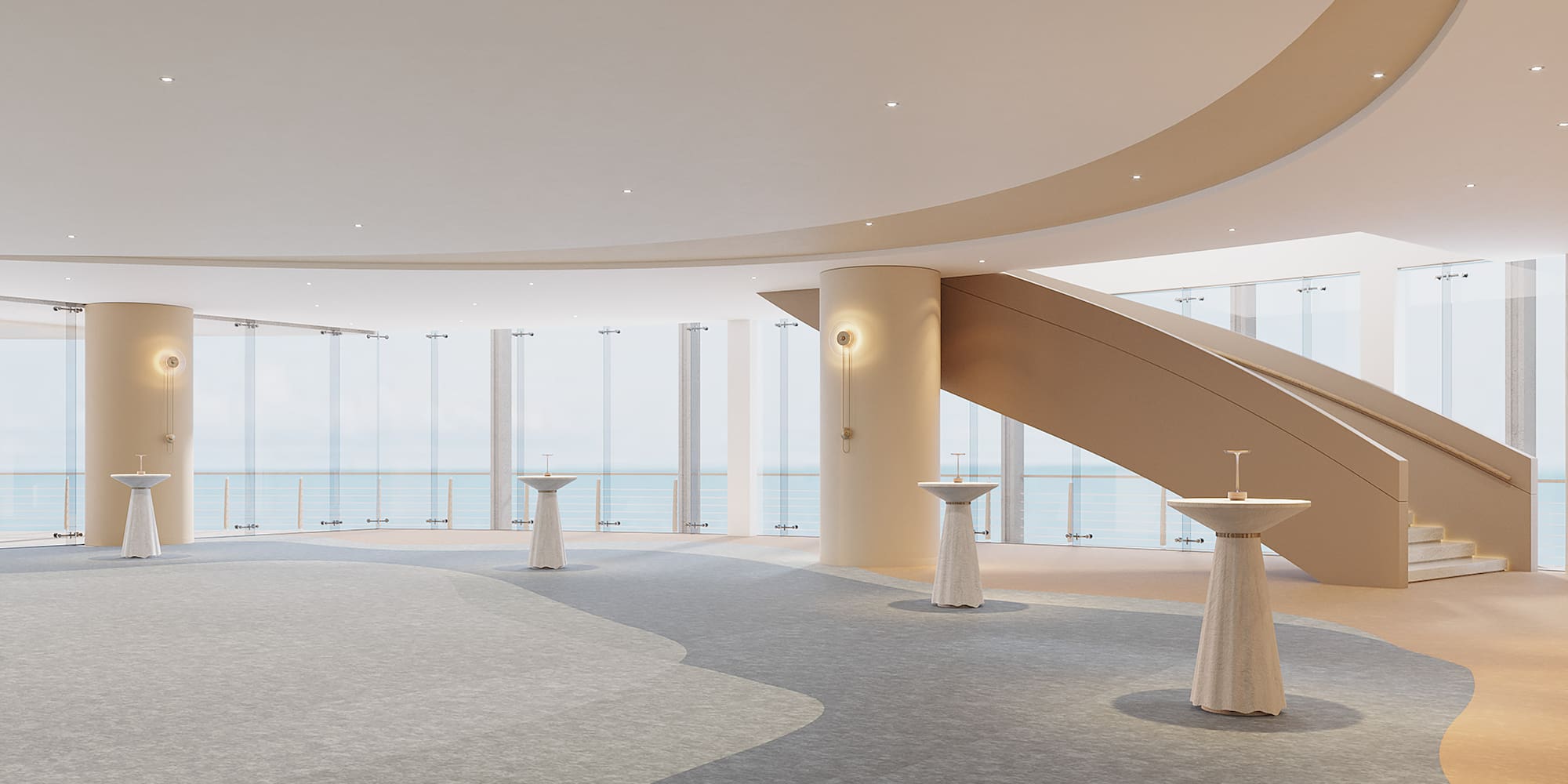 a large room with a staircase and tables