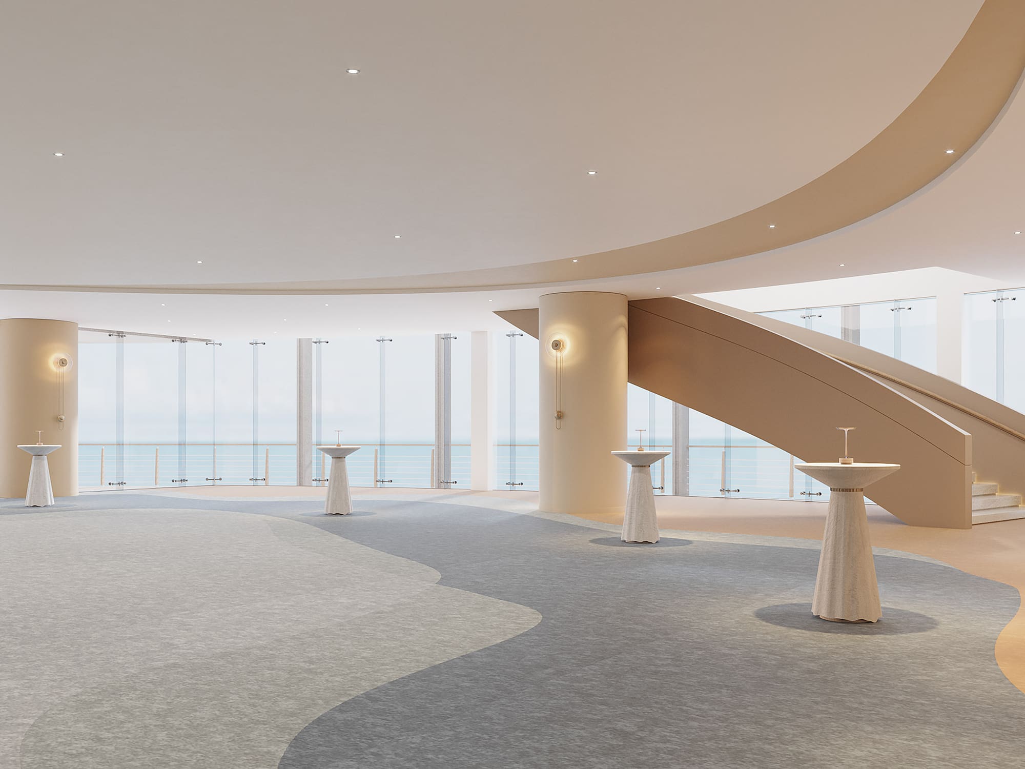 a large room with a staircase and tables