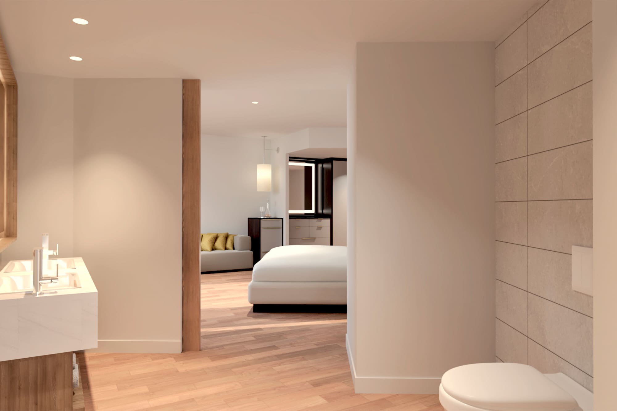 a bedroom with a toilet and a bed