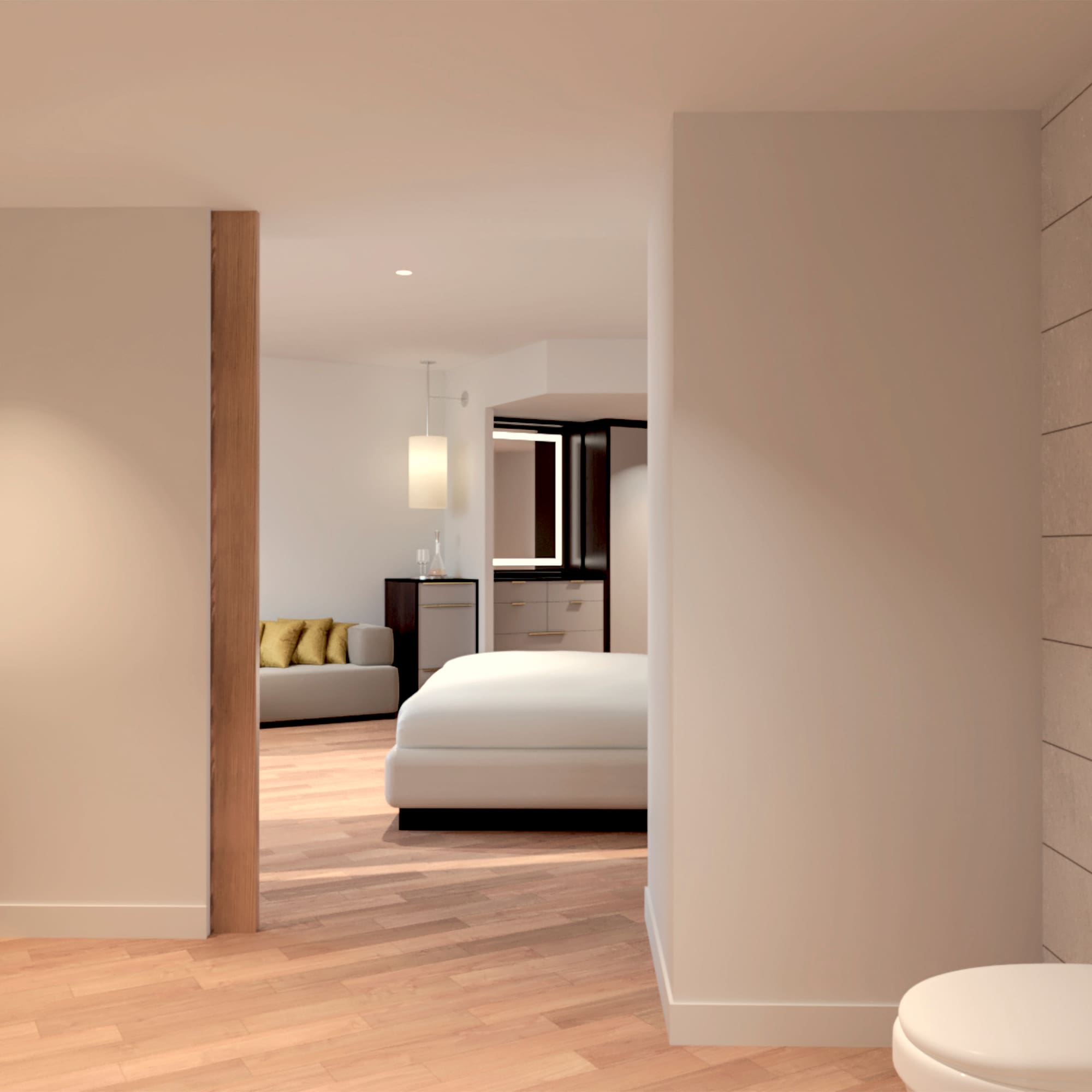 a bedroom with a toilet and a bed