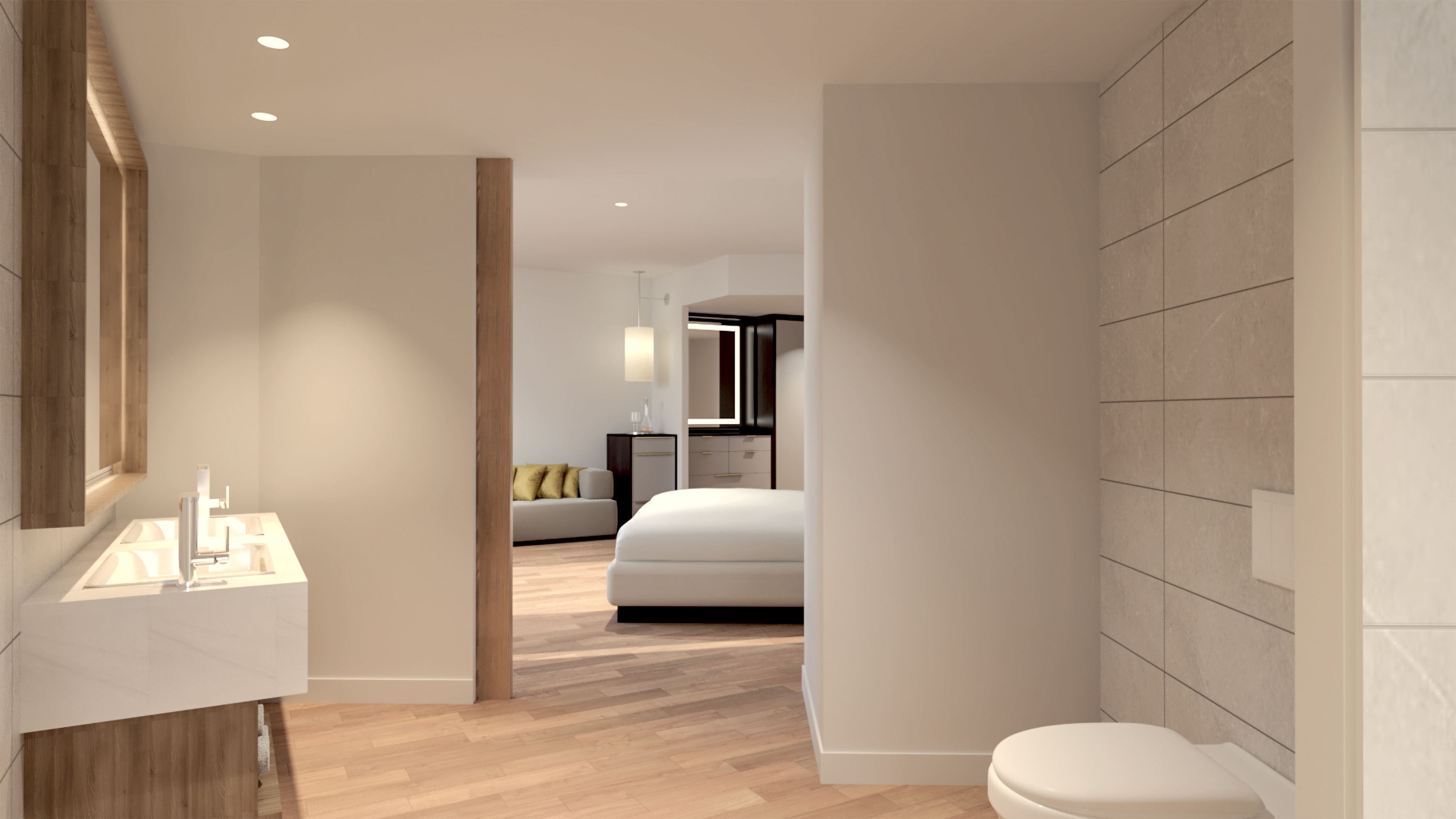 a bedroom with a toilet and a bed