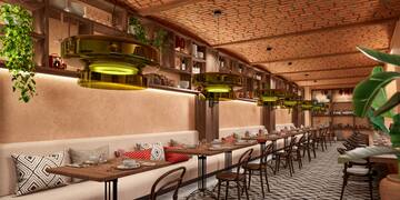 a long table with chairs and a long bench in a restaurant