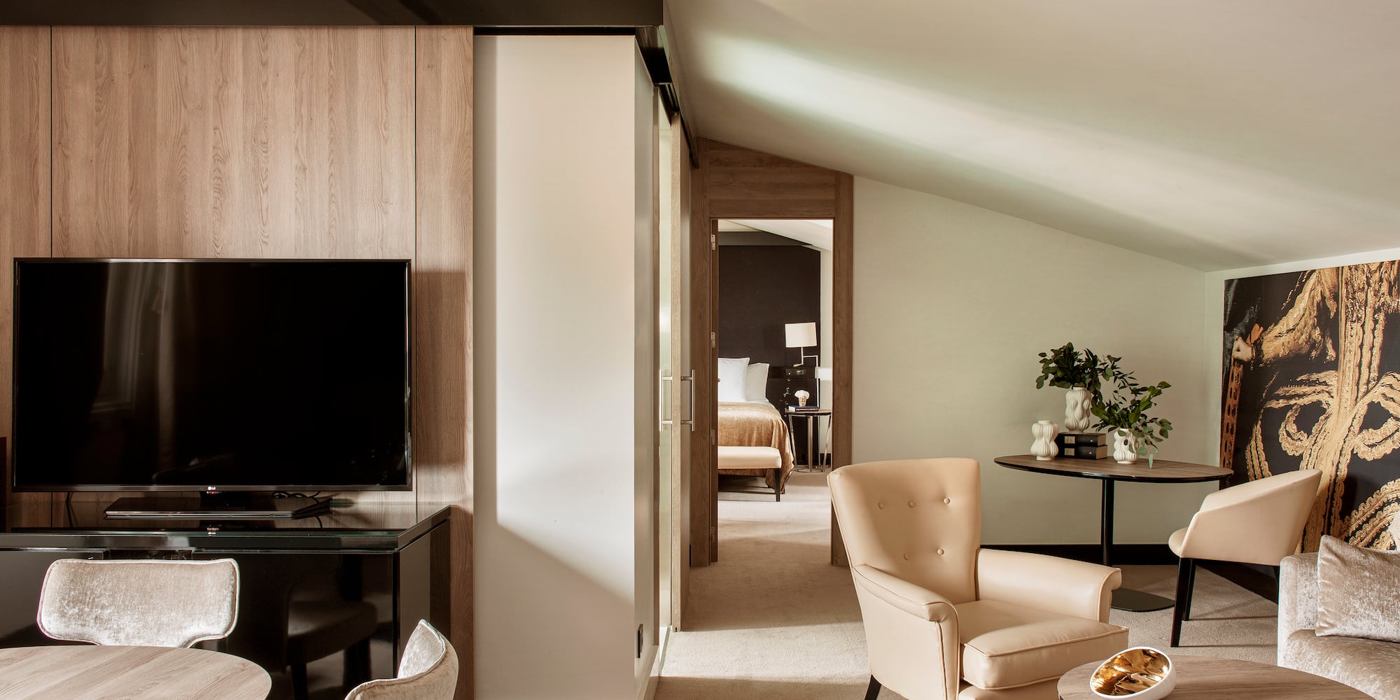 a room with a television and a table