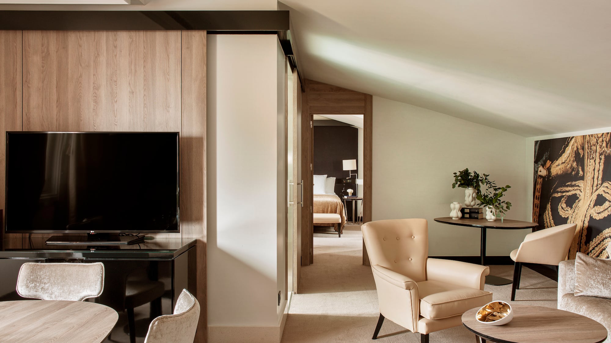 a room with a television and a table