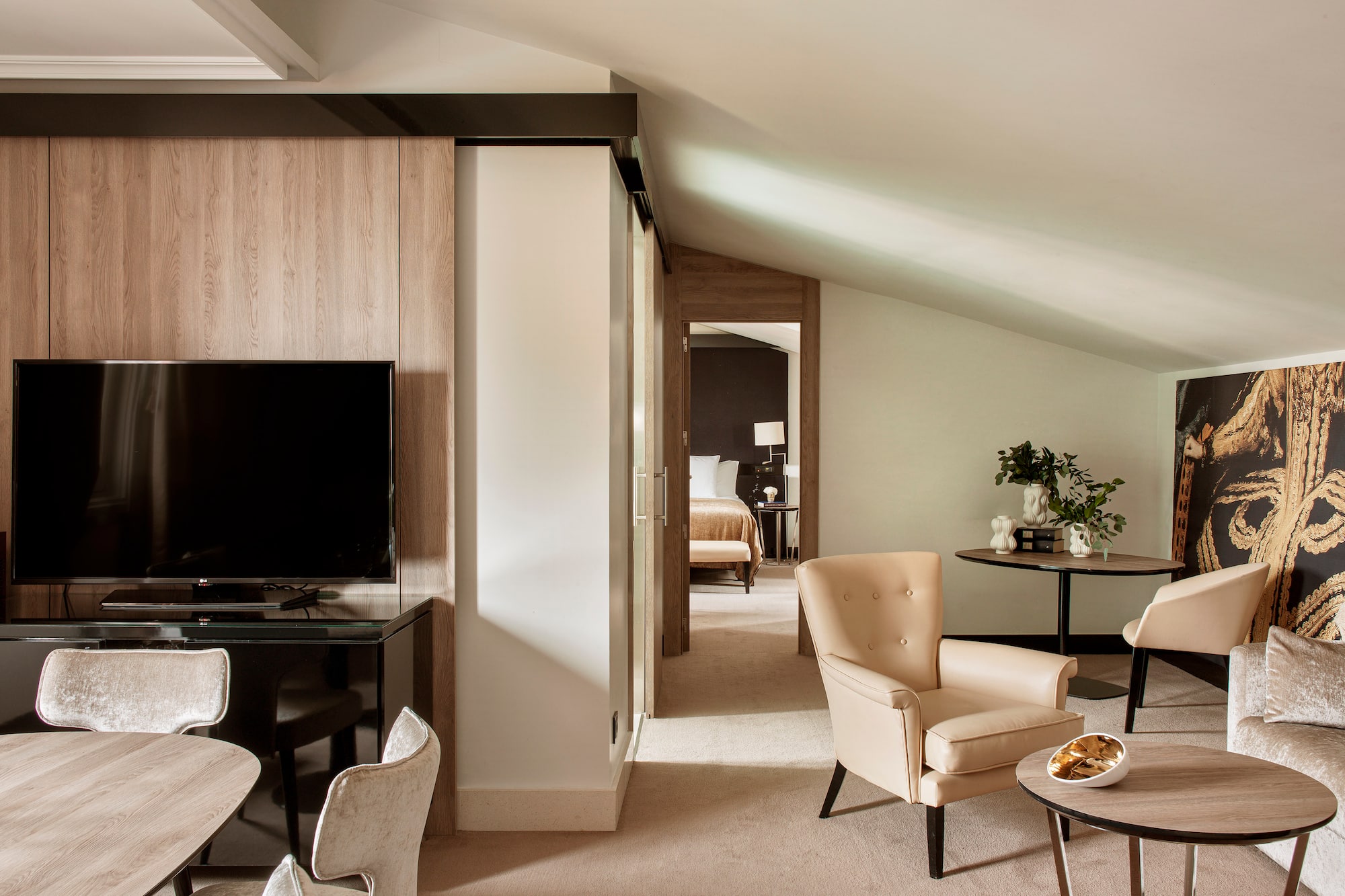 a room with a television and a table