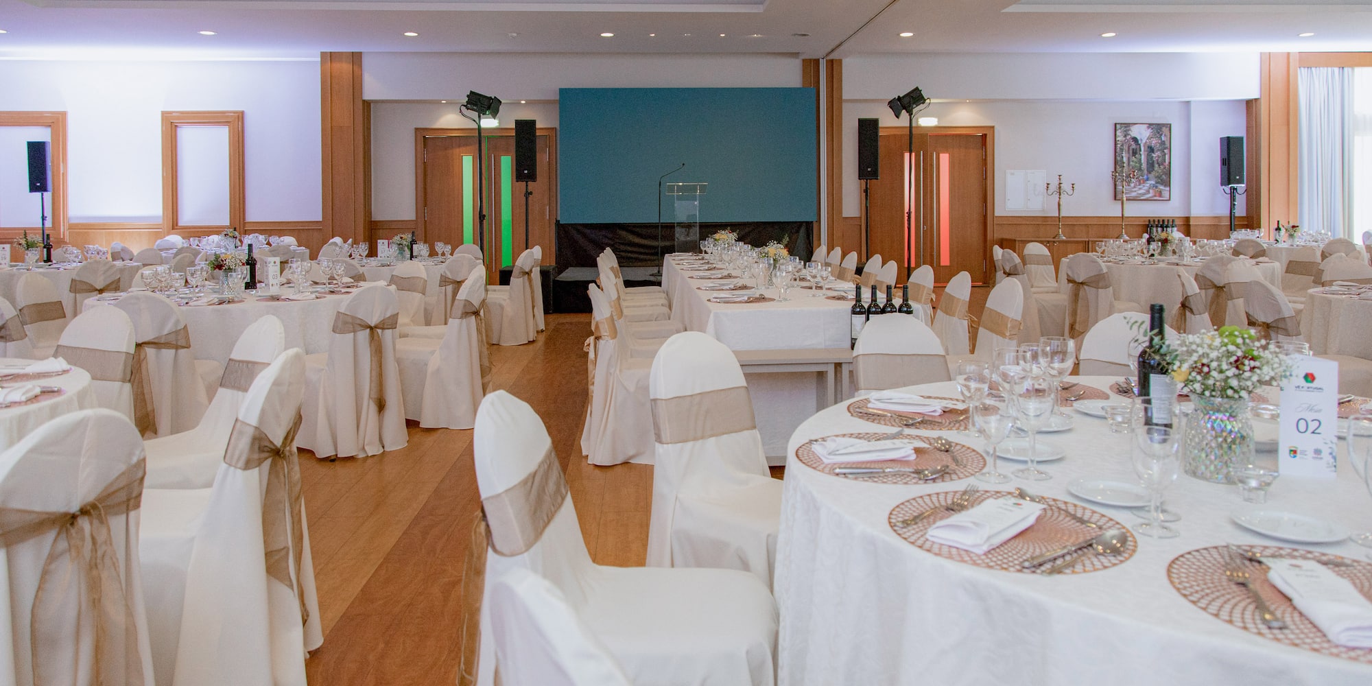 a room with tables and chairs