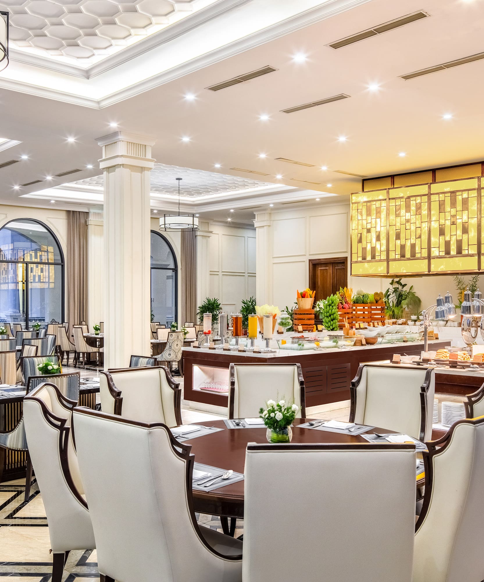 a room with tables and chairs