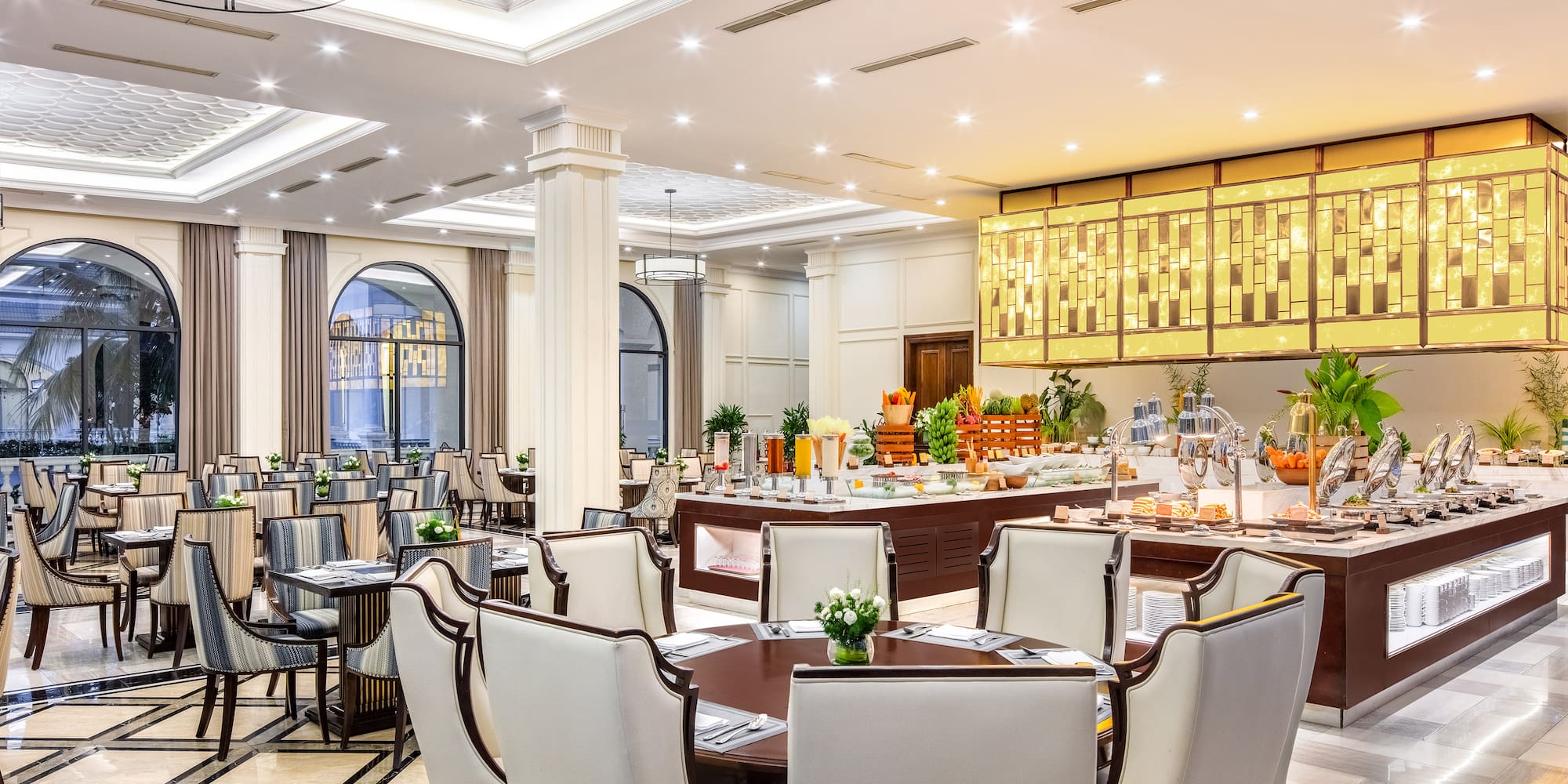 a room with tables and chairs