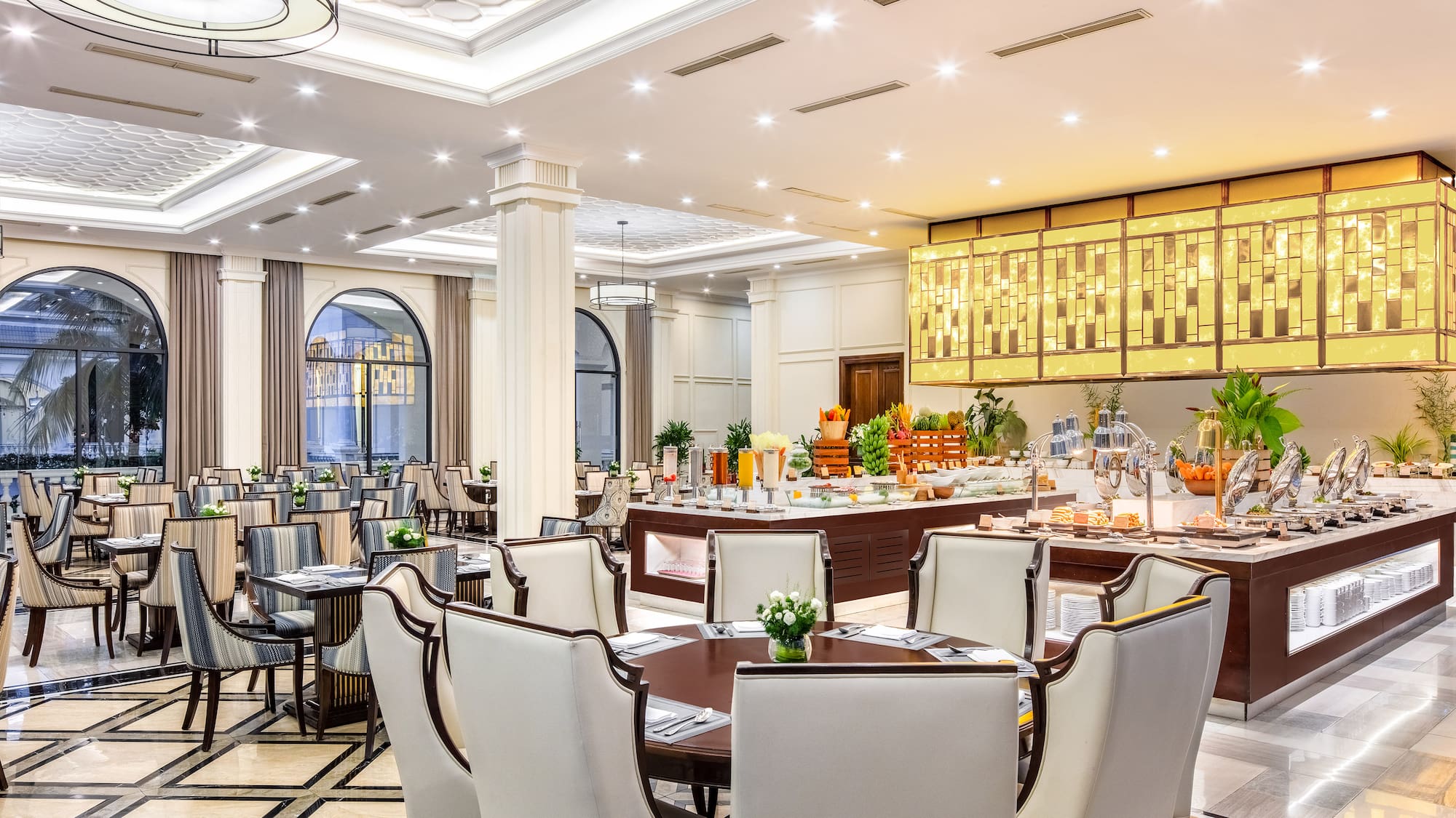 a room with tables and chairs