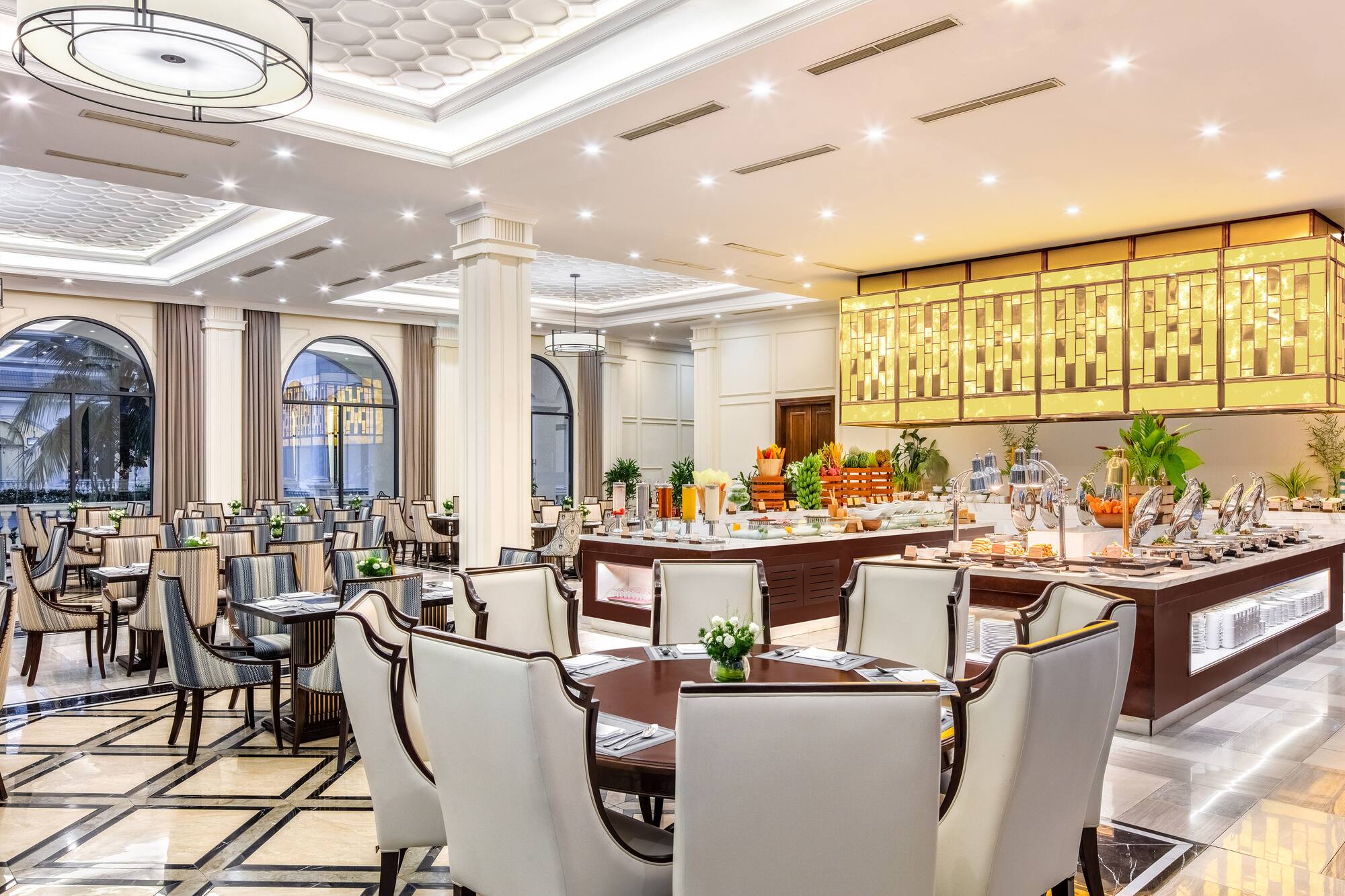 a room with tables and chairs