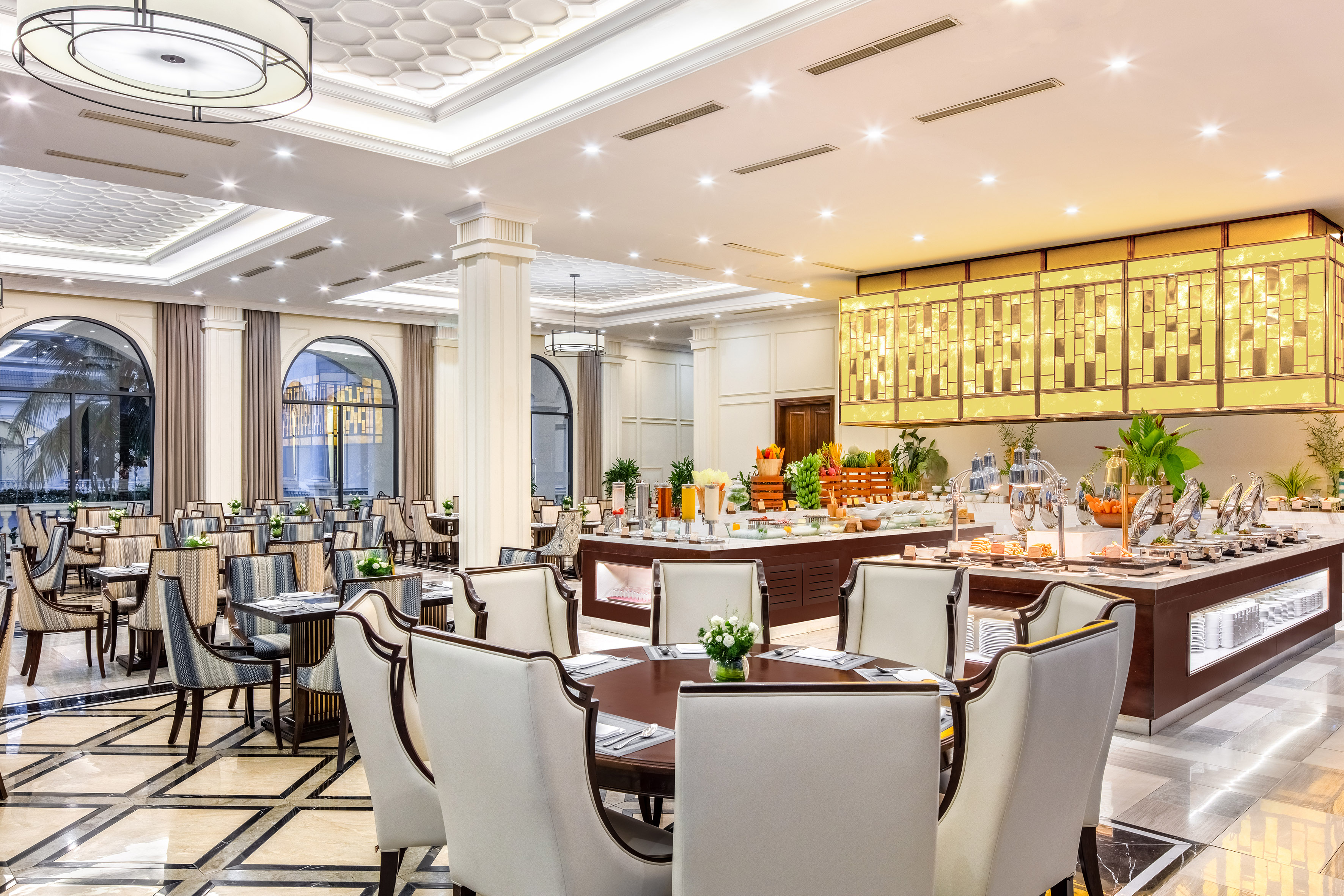 a room with tables and chairs