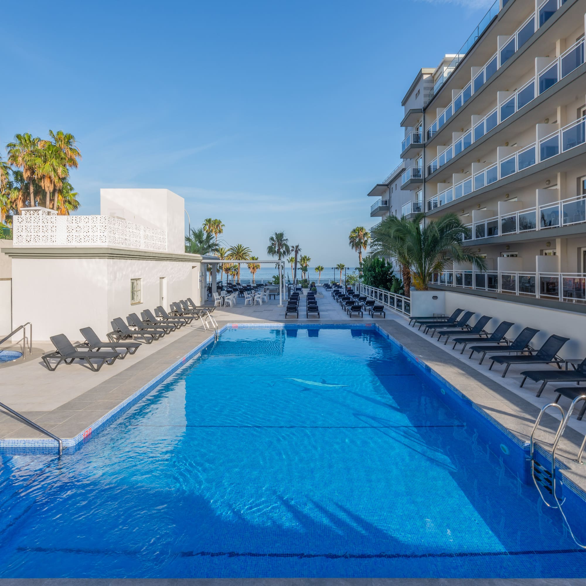 Blue swimming pool at beachfront hotel with sun loungers, palm trees.