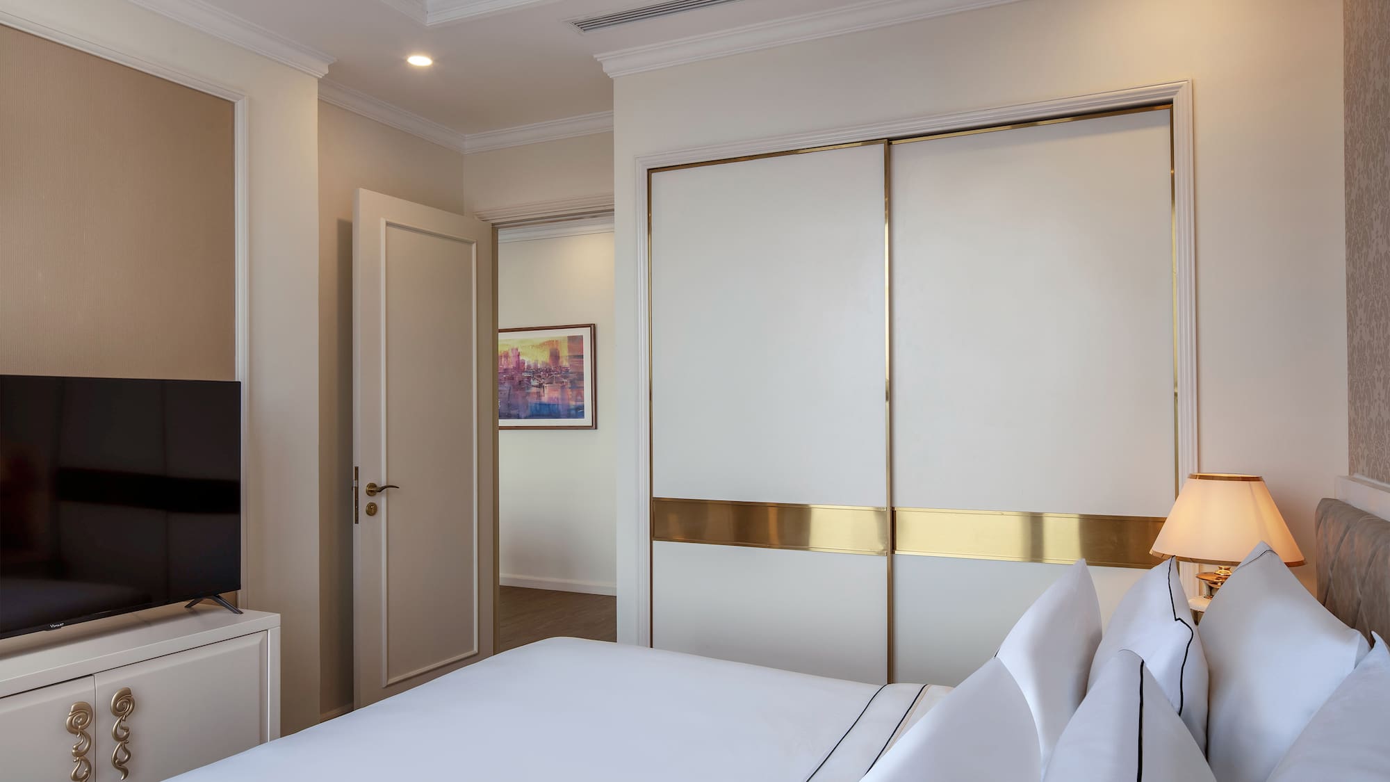 a bedroom with a large closet door
