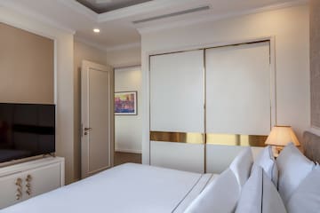 a bedroom with a large closet door