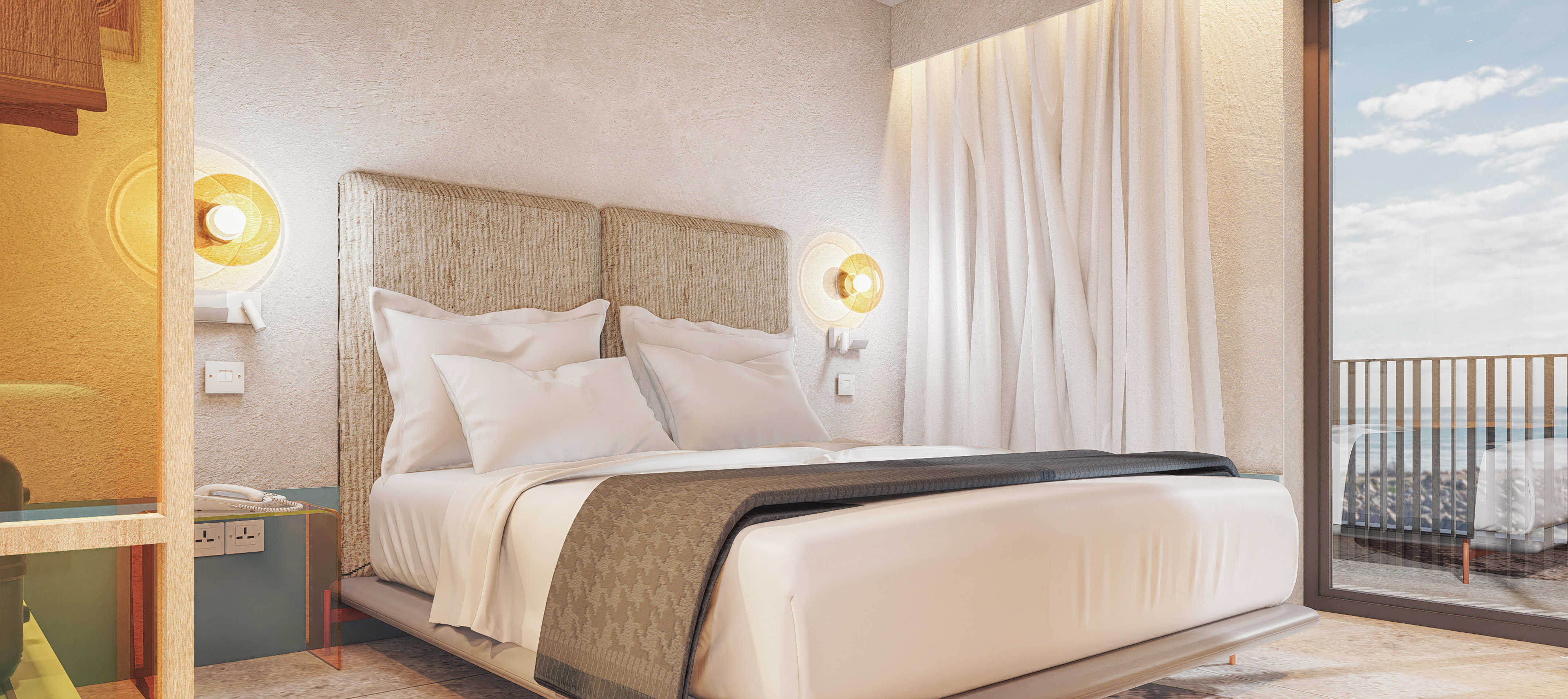 a bed with white sheets and pillows